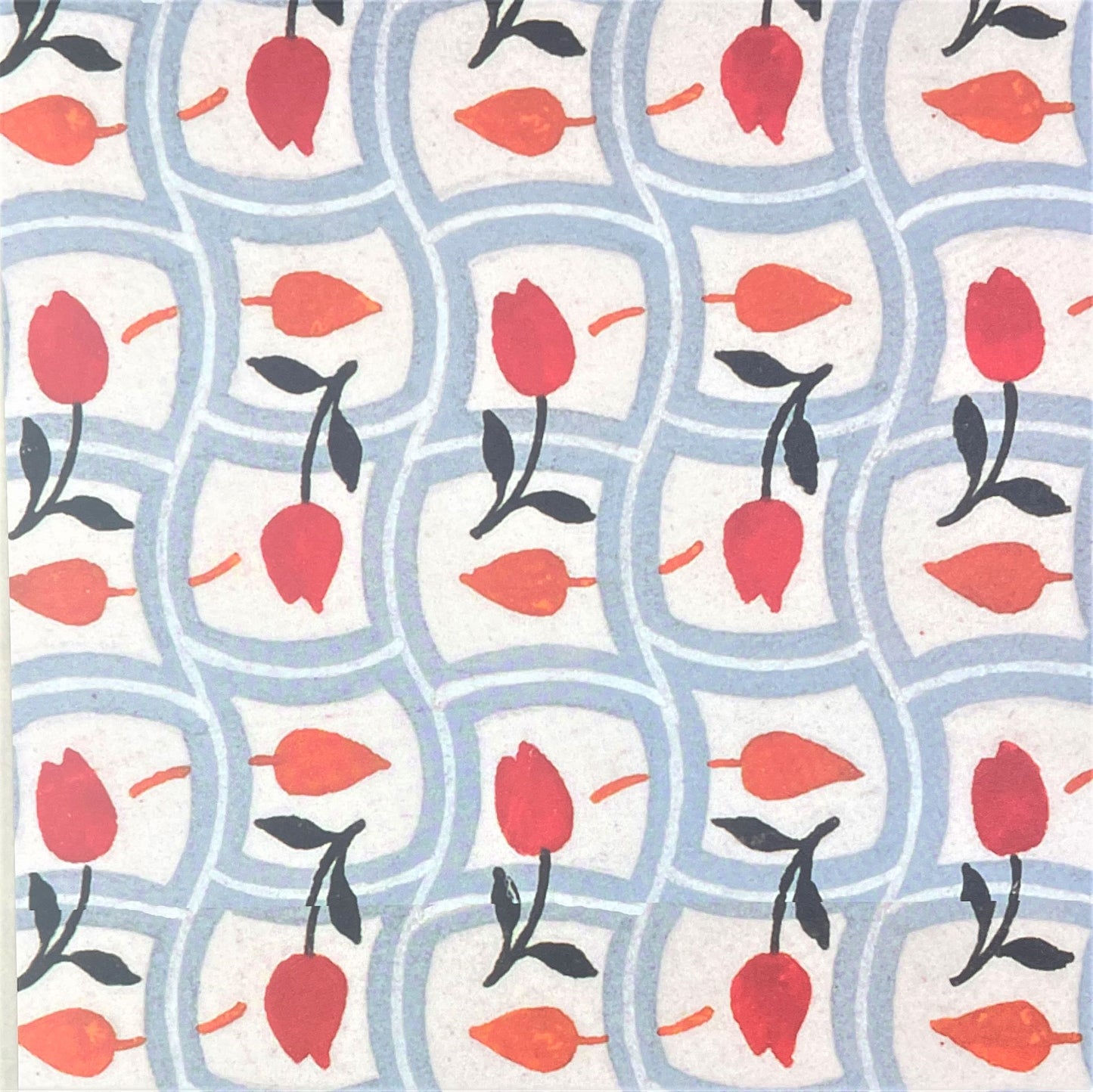 wrapping paper with repeat pattern on red tulips on a duck egg wavy grid backdrop by Artisan Deesign. Design Silver Studio