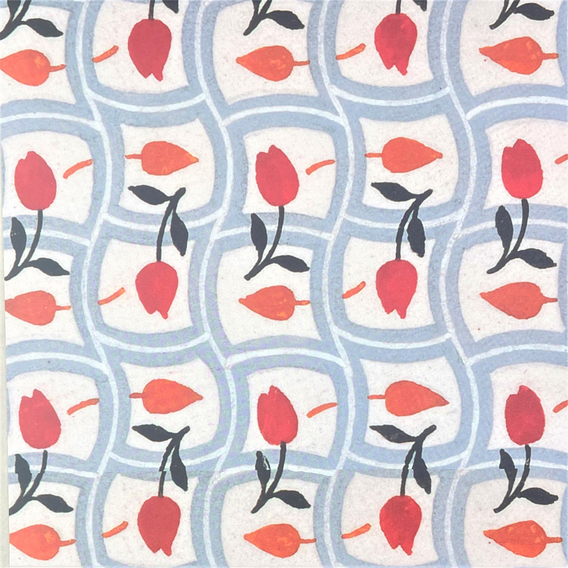 wrapping paper with repeat pattern on red tulips on a duck egg wavy grid backdrop by Artisan Deesign. Design Silver Studio