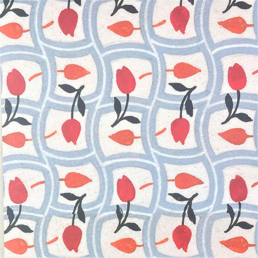 wrapping paper with repeat pattern on red tulips on a duck egg wavy grid backdrop by Artisan Deesign. Design Silver Studio