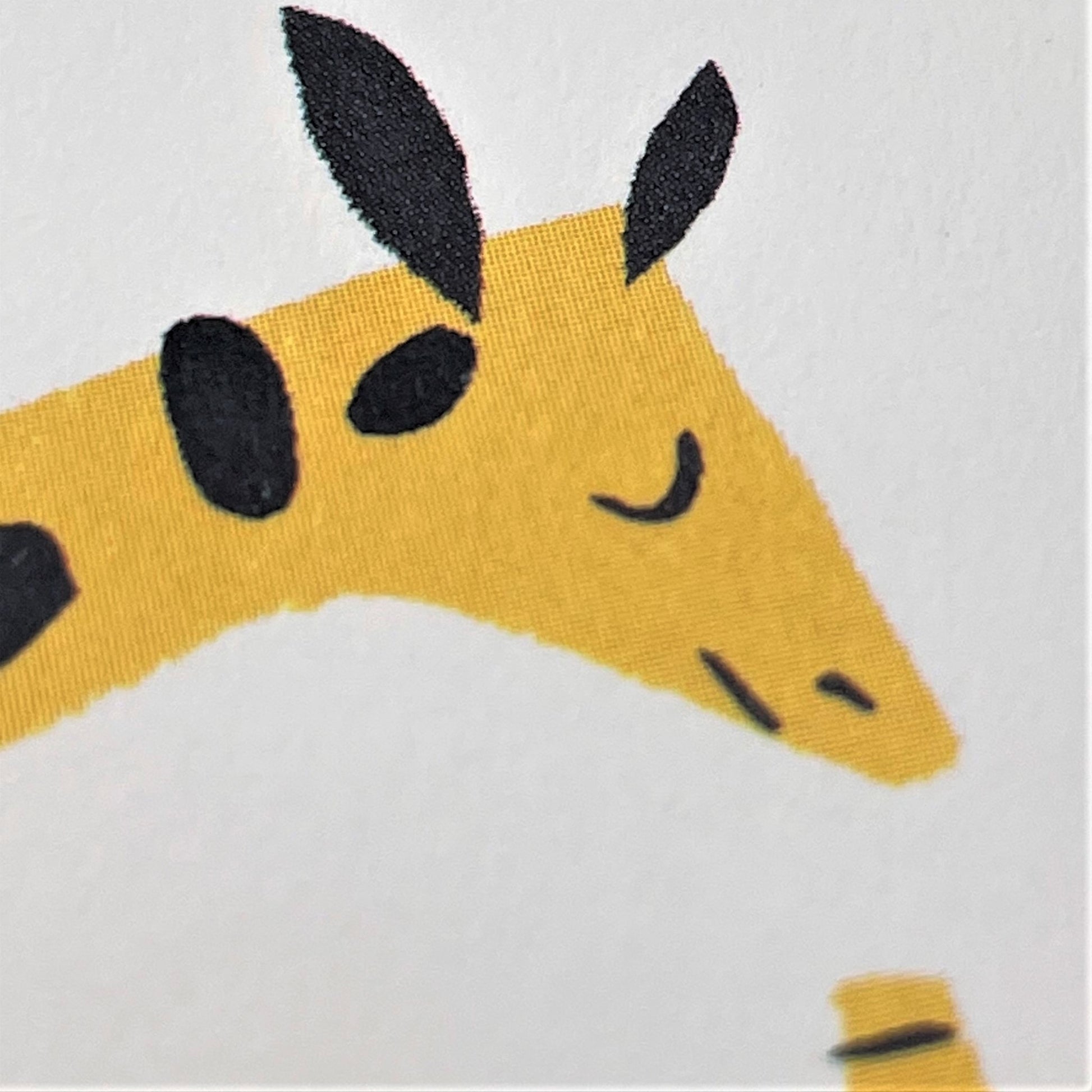 greetings card showing yellow mother and baby giraffes, close up of the mothers head
