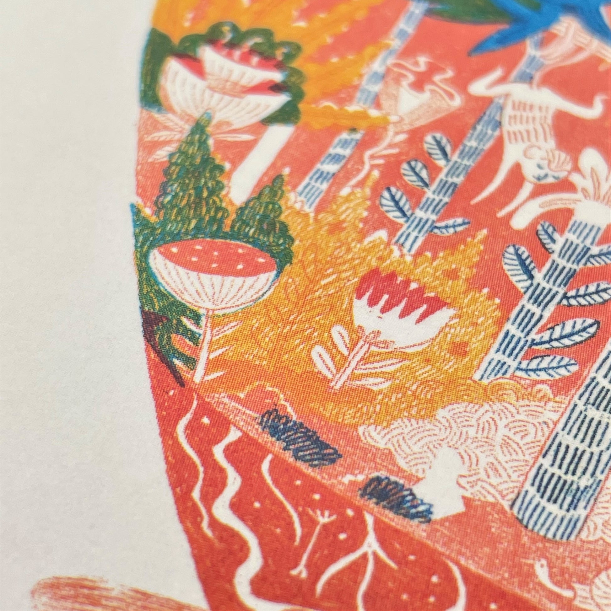 greetings card showing a vase with mythical botanical world inside, close up of the card