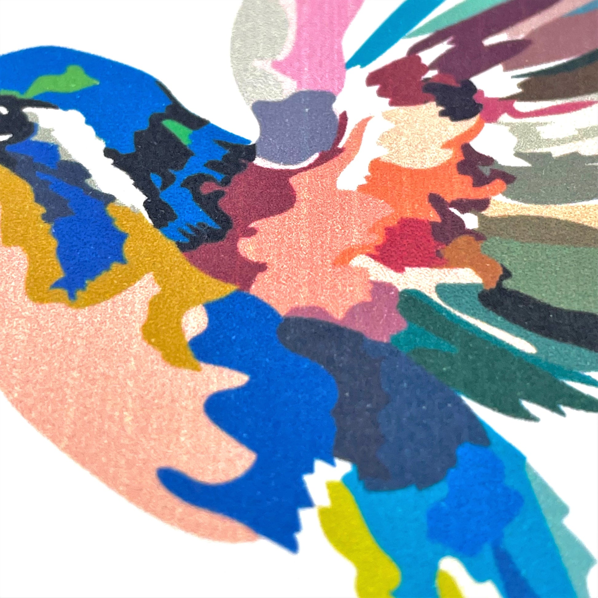 greetings card of a colourful humming bird in flight, close up of the bird