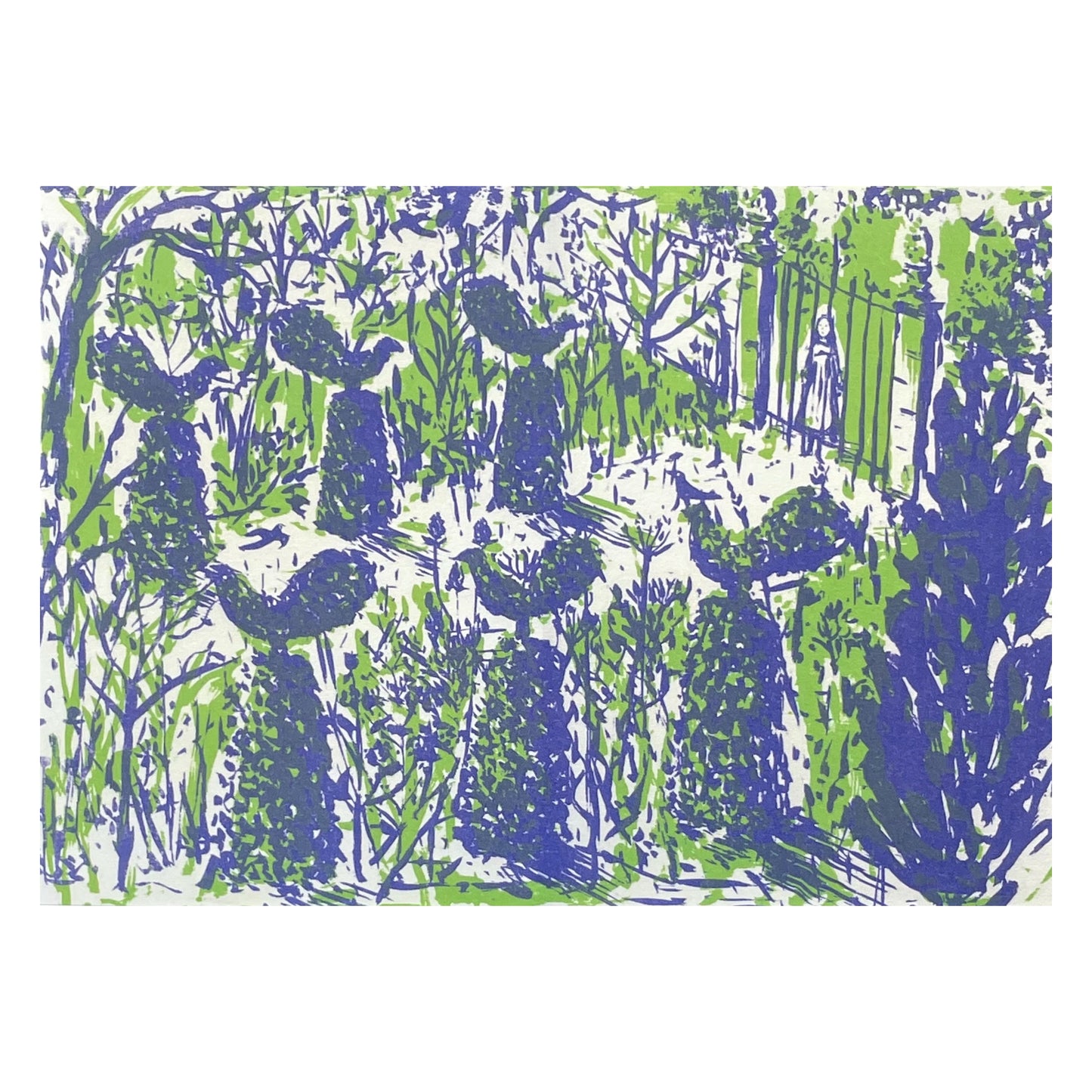 greetings card showing a girl looking through locked gates at a garden with topiary by Elizabeth Harbour
