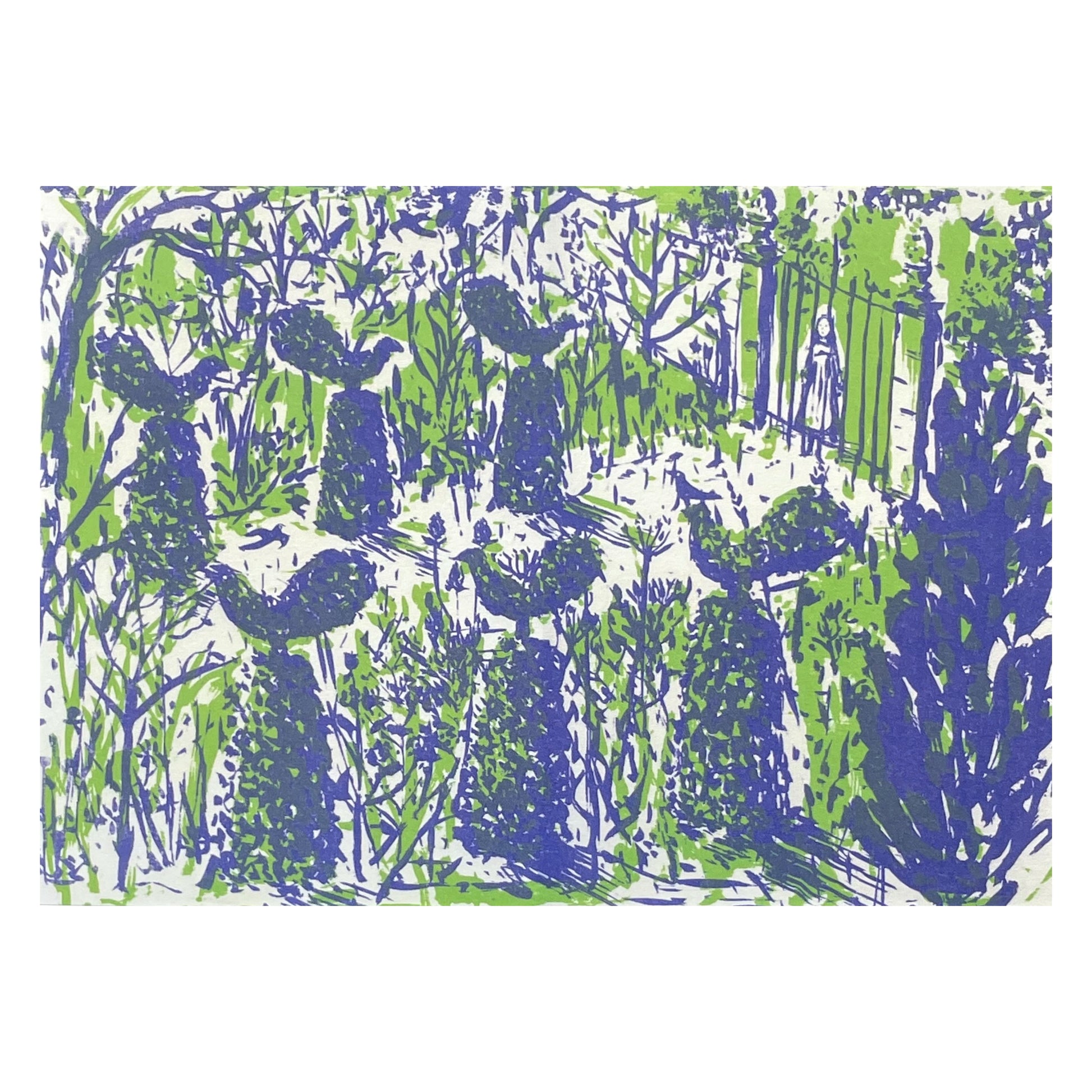 greetings card showing a girl looking through locked gates at a garden with topiary by Elizabeth Harbour