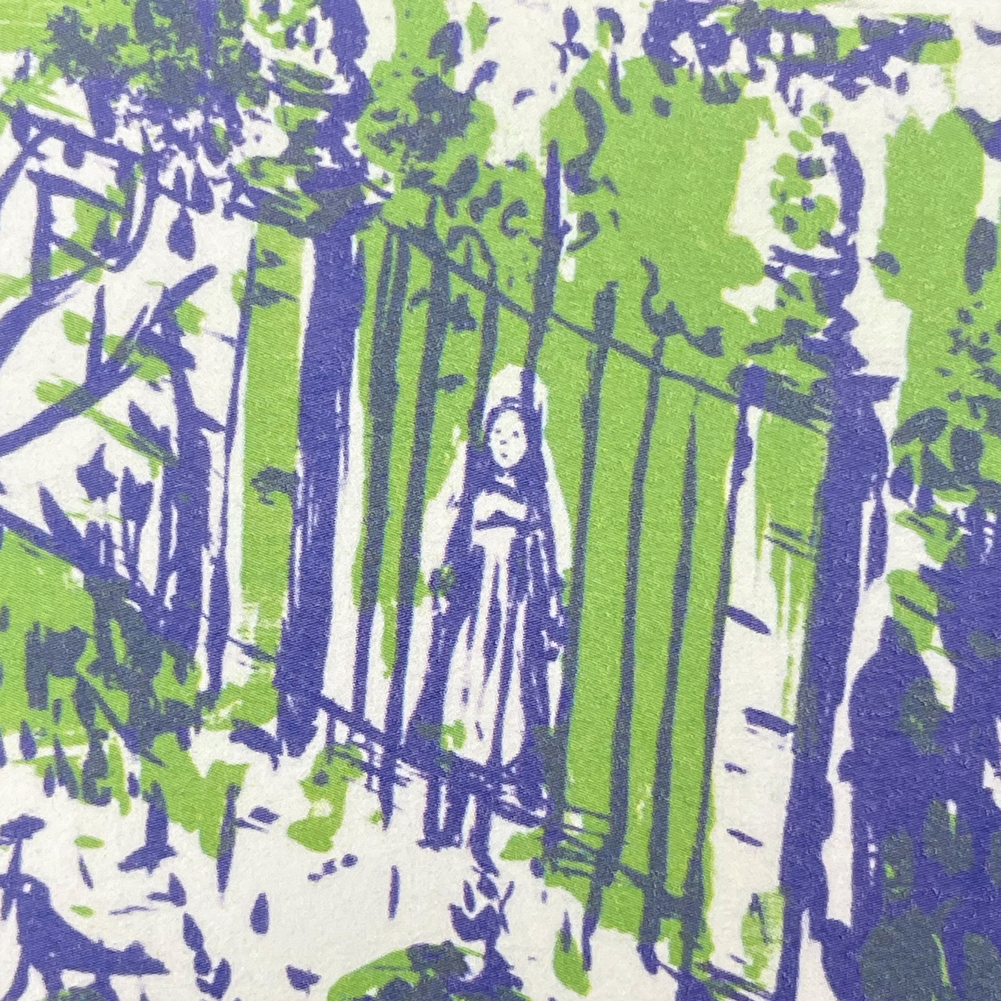 greetings card showing a girl looking through locked gates at a garden with topiary, close up of the girl