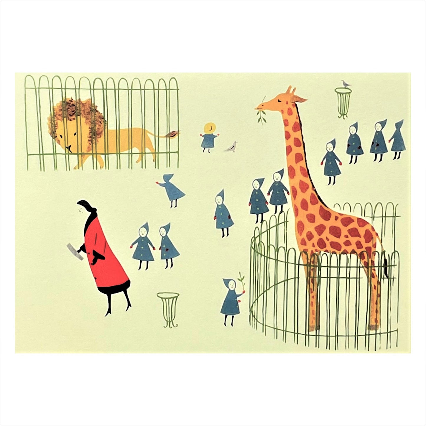 greetings card showing a drawing of a women in a red coat walking young children though a zoo with a lion and a giraffe by Elizabeth Harbour