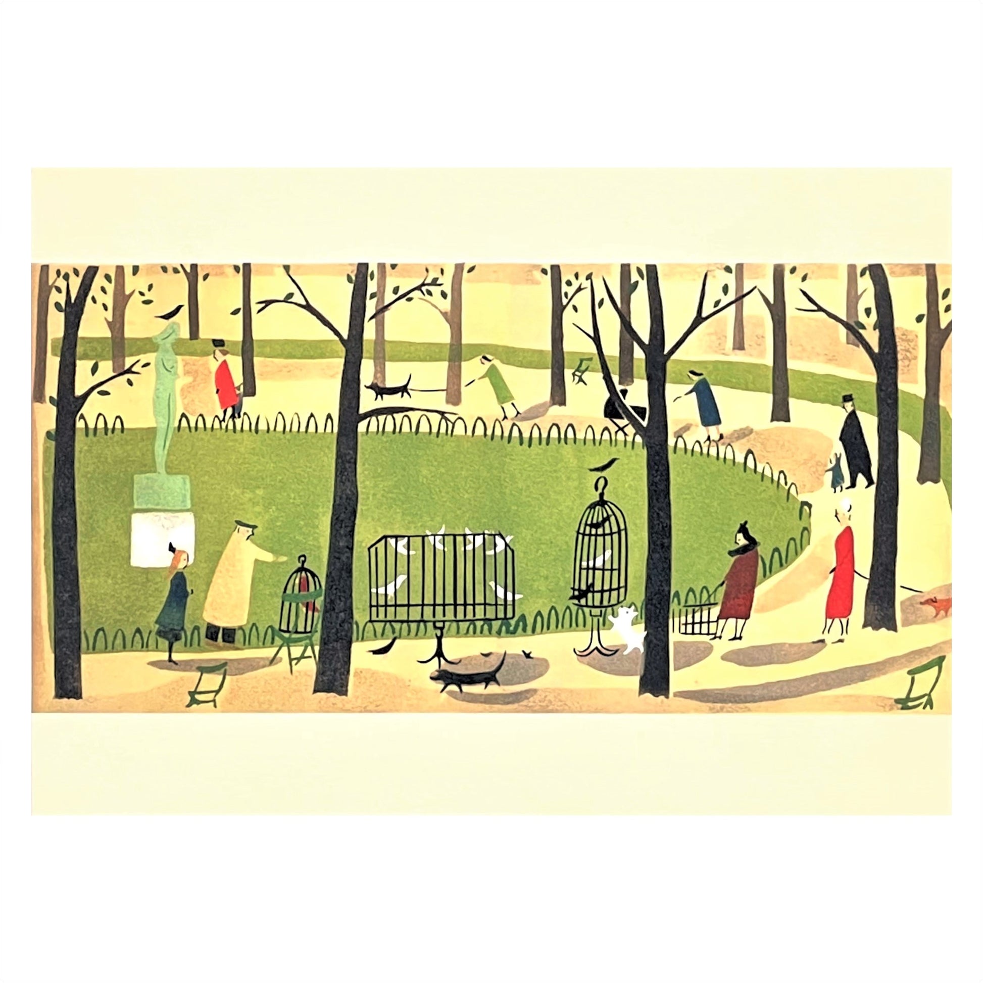 greetings card of a drawing of people walking dogs in tuileries gardens by Elizabeth Harbour