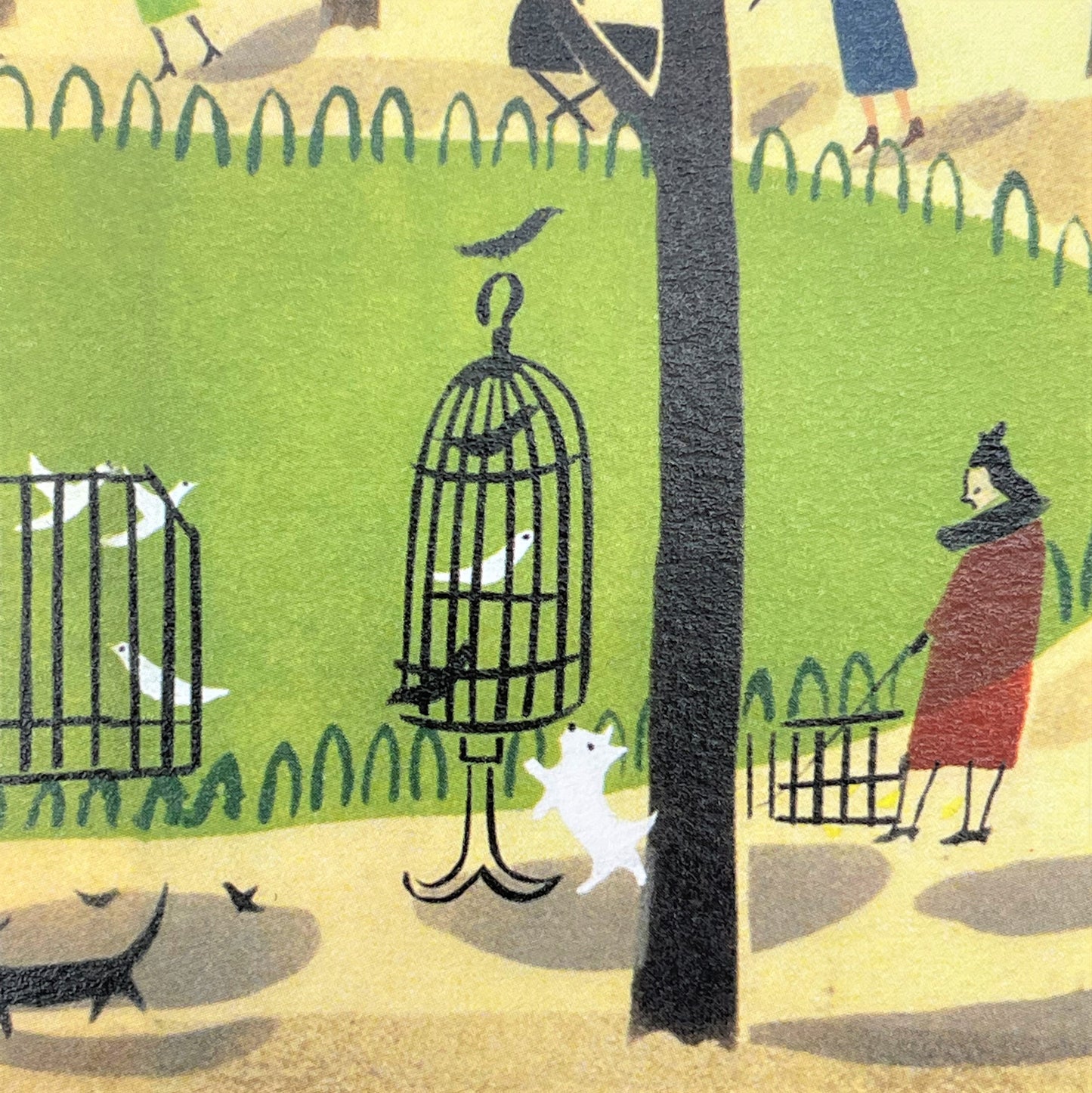 greetings card of a drawing of people walking dogs in tuileries gardens, close up of a white dog