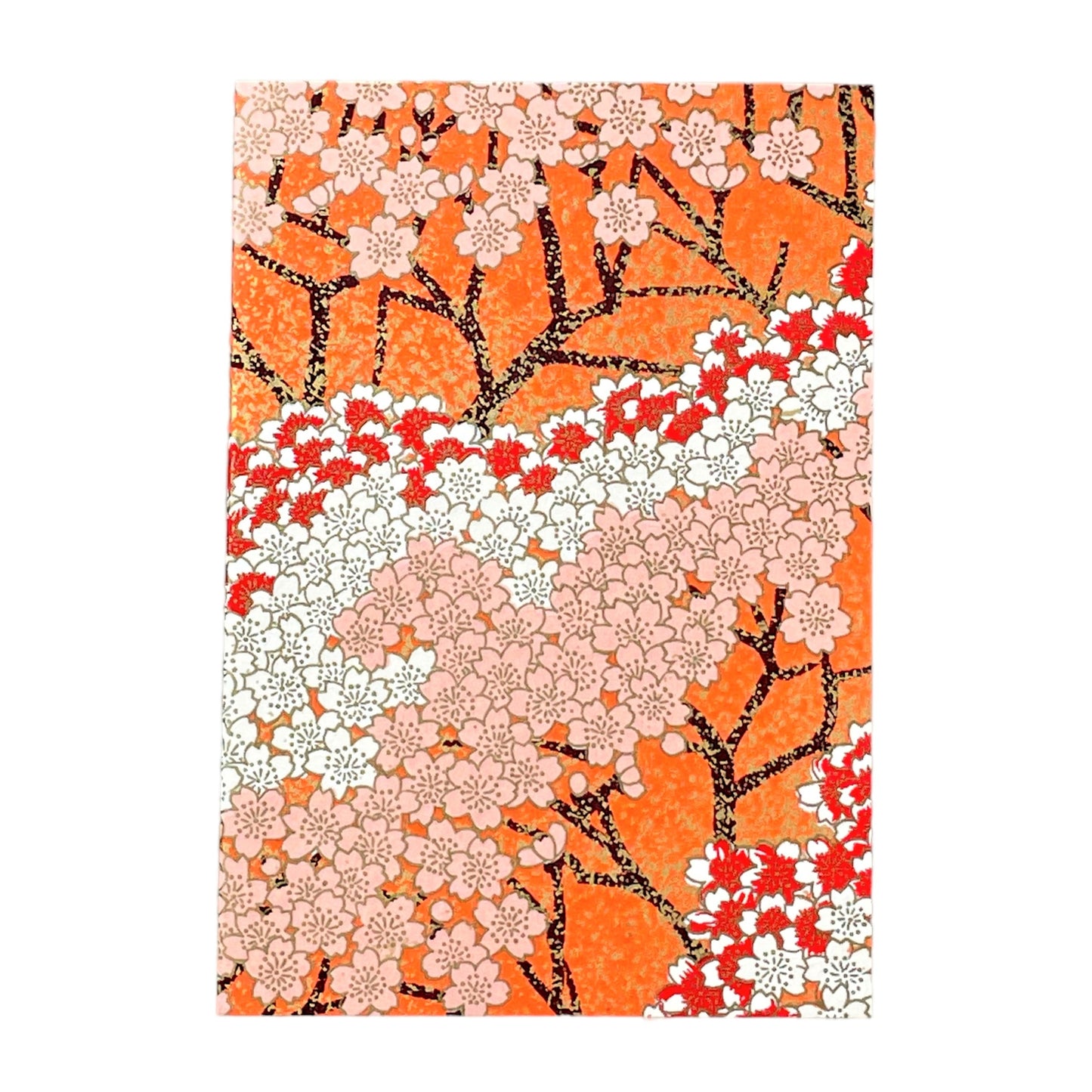 japanese silk-screen printed greetings card with a pattern of peach, white and red blossom branches on an orange backdrop by Esmie