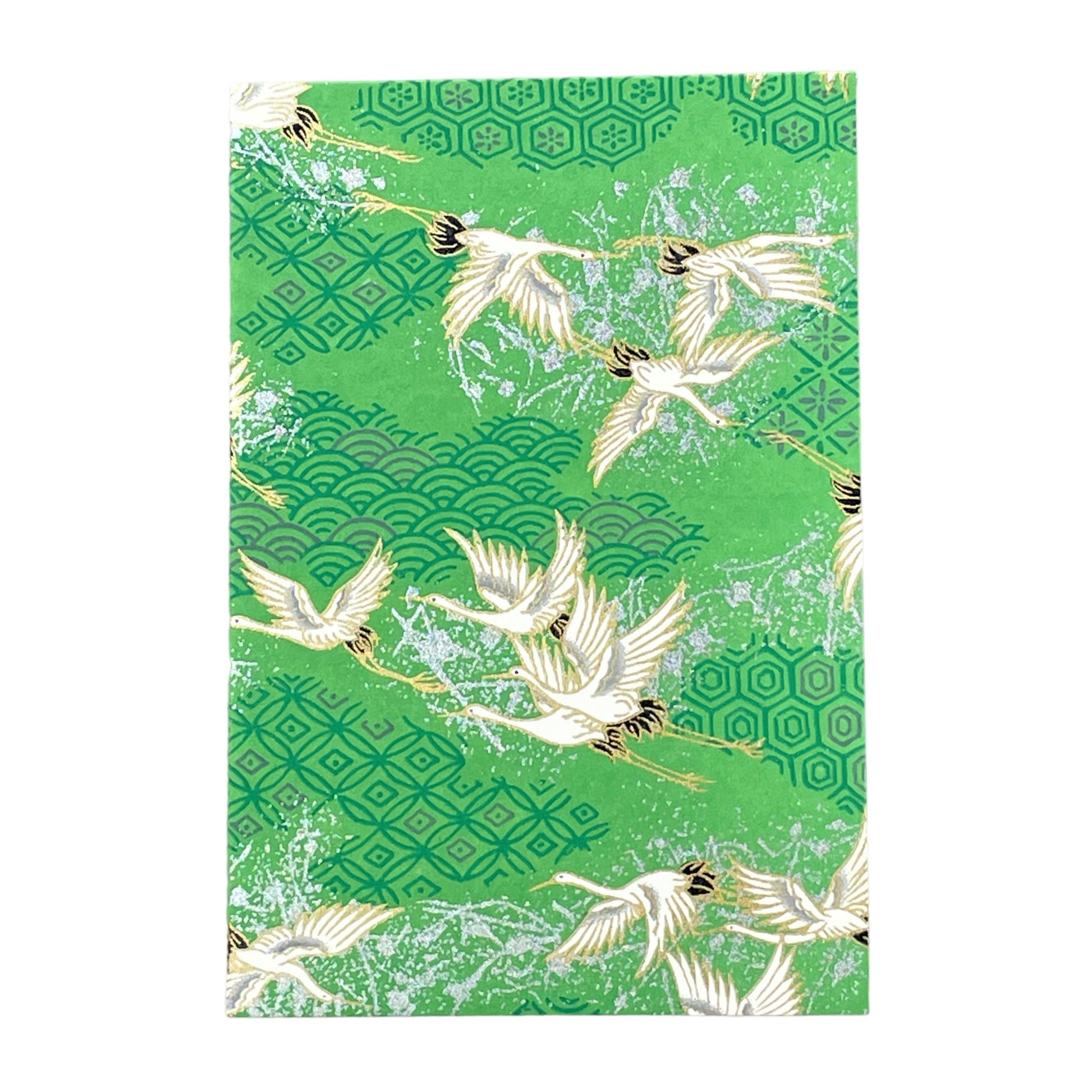 japanese silk-screen printed greetings card with a pattern of white cranes in flight on a green backdrop of japanese motifs by Esmie