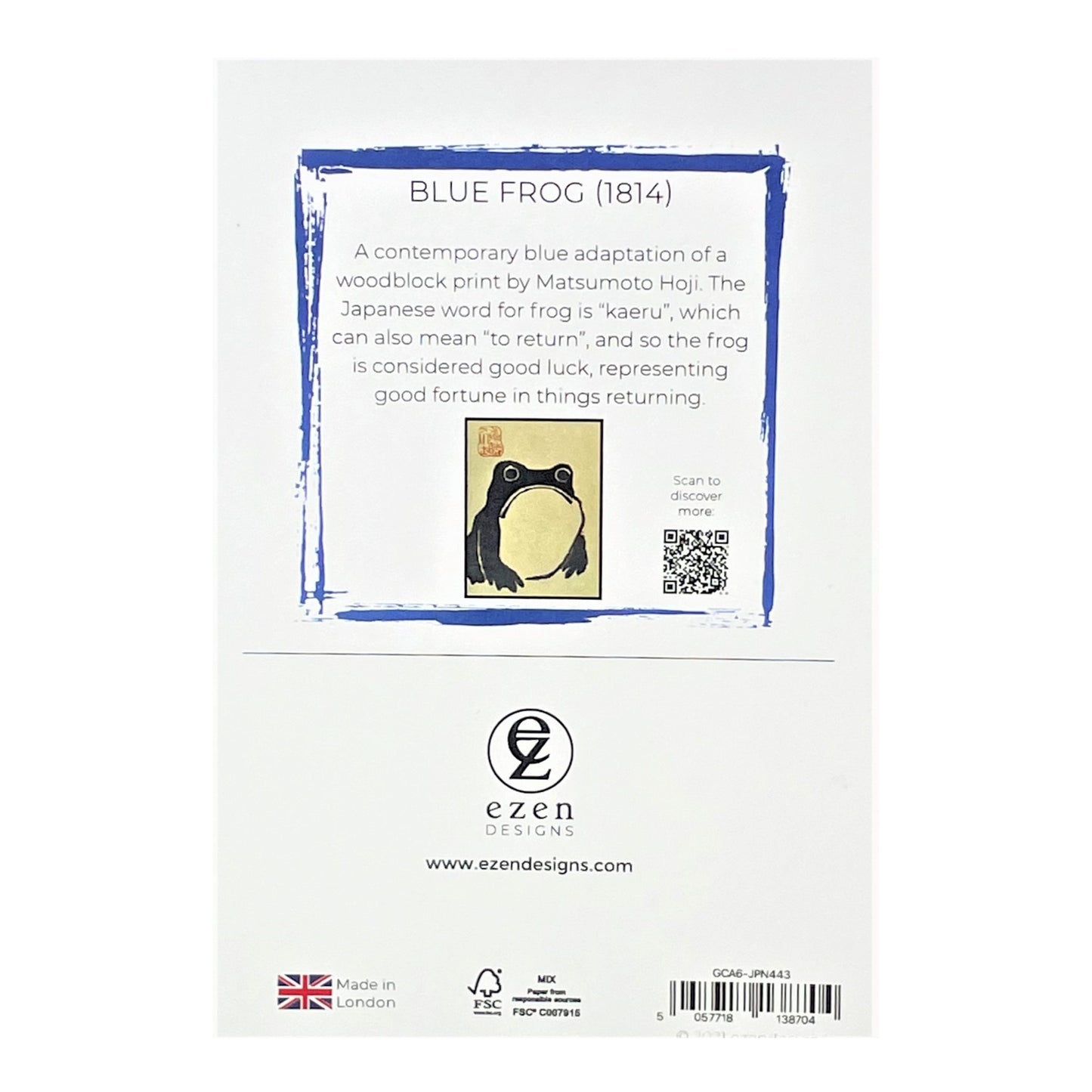 greetings card of a japanese frog coloured blue, text on reverse of card