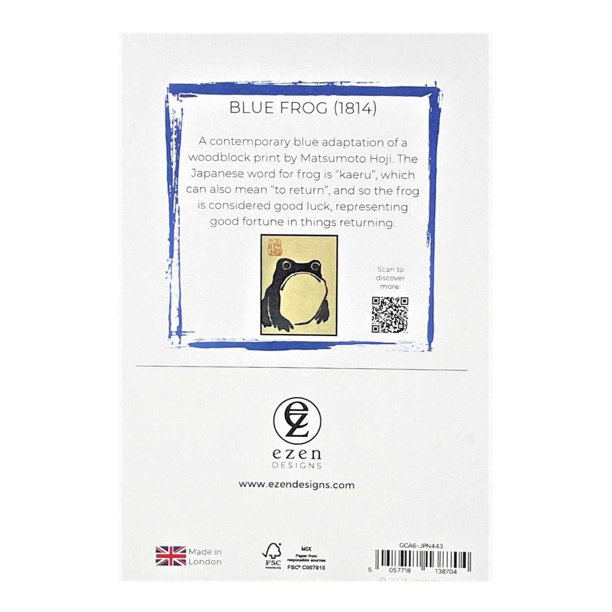 greetings card of a japanese frog coloured blue, text on reverse of card