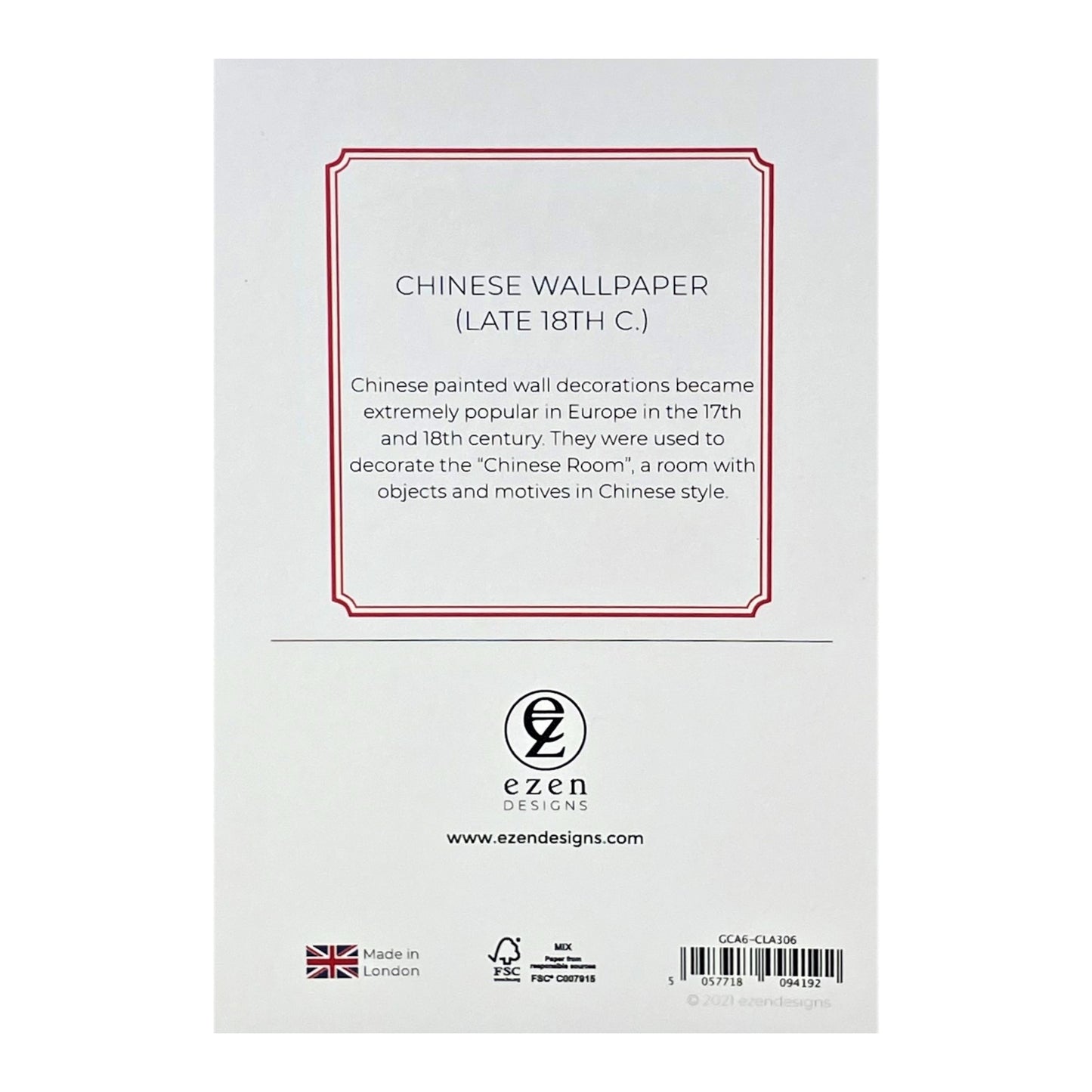 greetings card of a plant in an ornate pot and floral chinese wallpaper in the background, reverse of card showing text