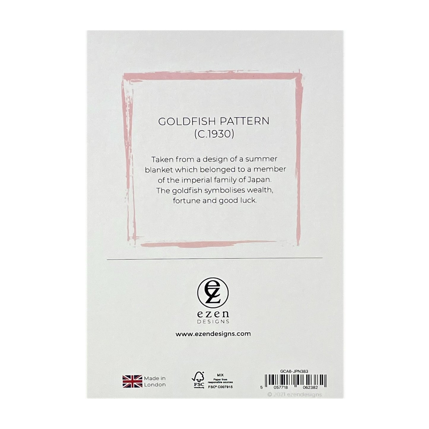 greetings card with repeat pattern of orange goldfish and pink backdrop, reverse of card showing text