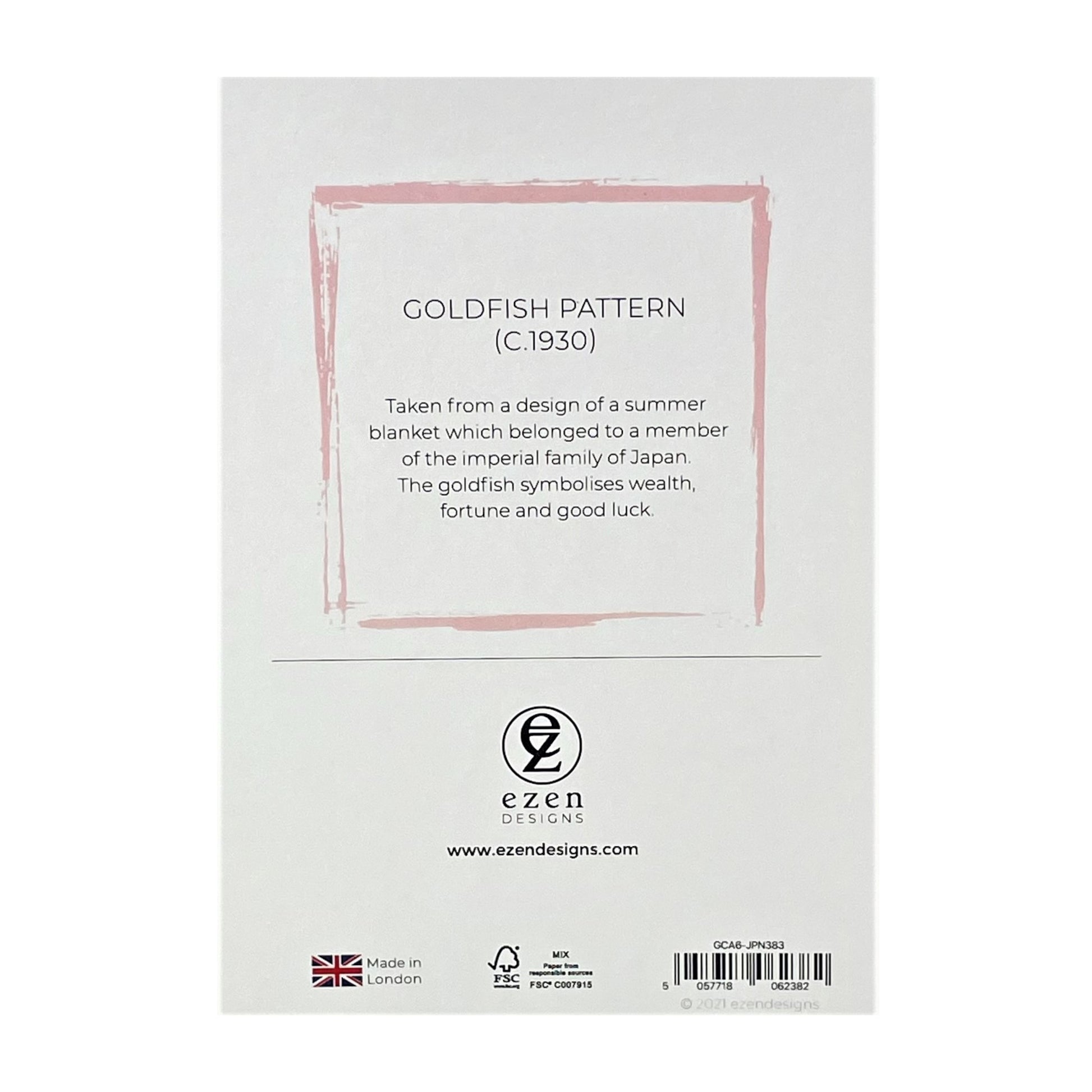 greetings card with repeat pattern of orange goldfish and pink backdrop, reverse of card showing text