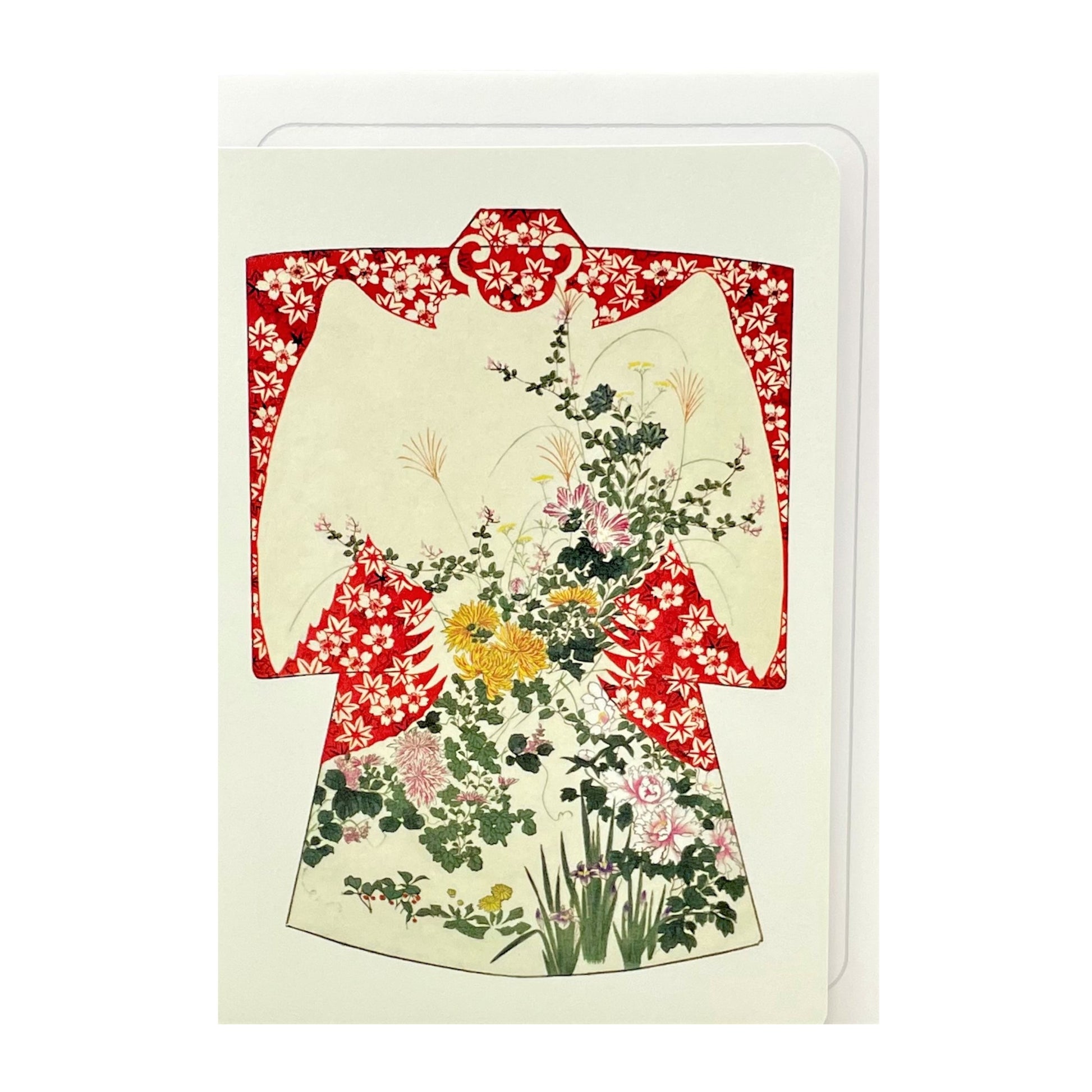 greetings card showing a drawing of a floral kimono in red, green and yellow by Ezen Design