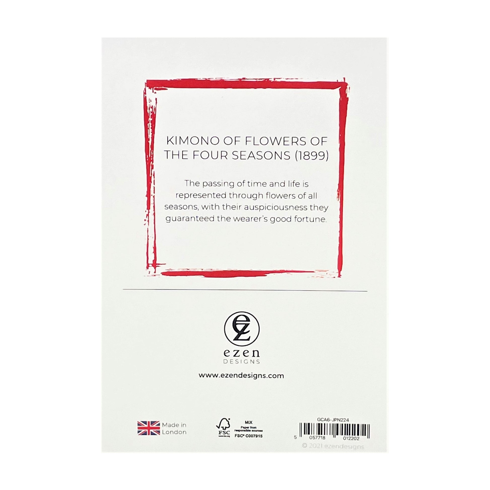 greetings card showing a drawing of a floral kimono in red, green and yellow, reverse of card showing text