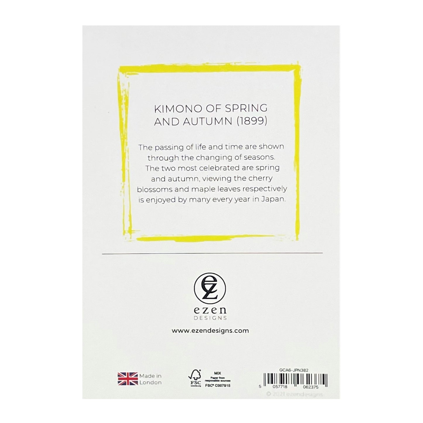 greetings card of a drawing of a floral folded kimono in red, yellow. blue and pink, reverse of card showing text