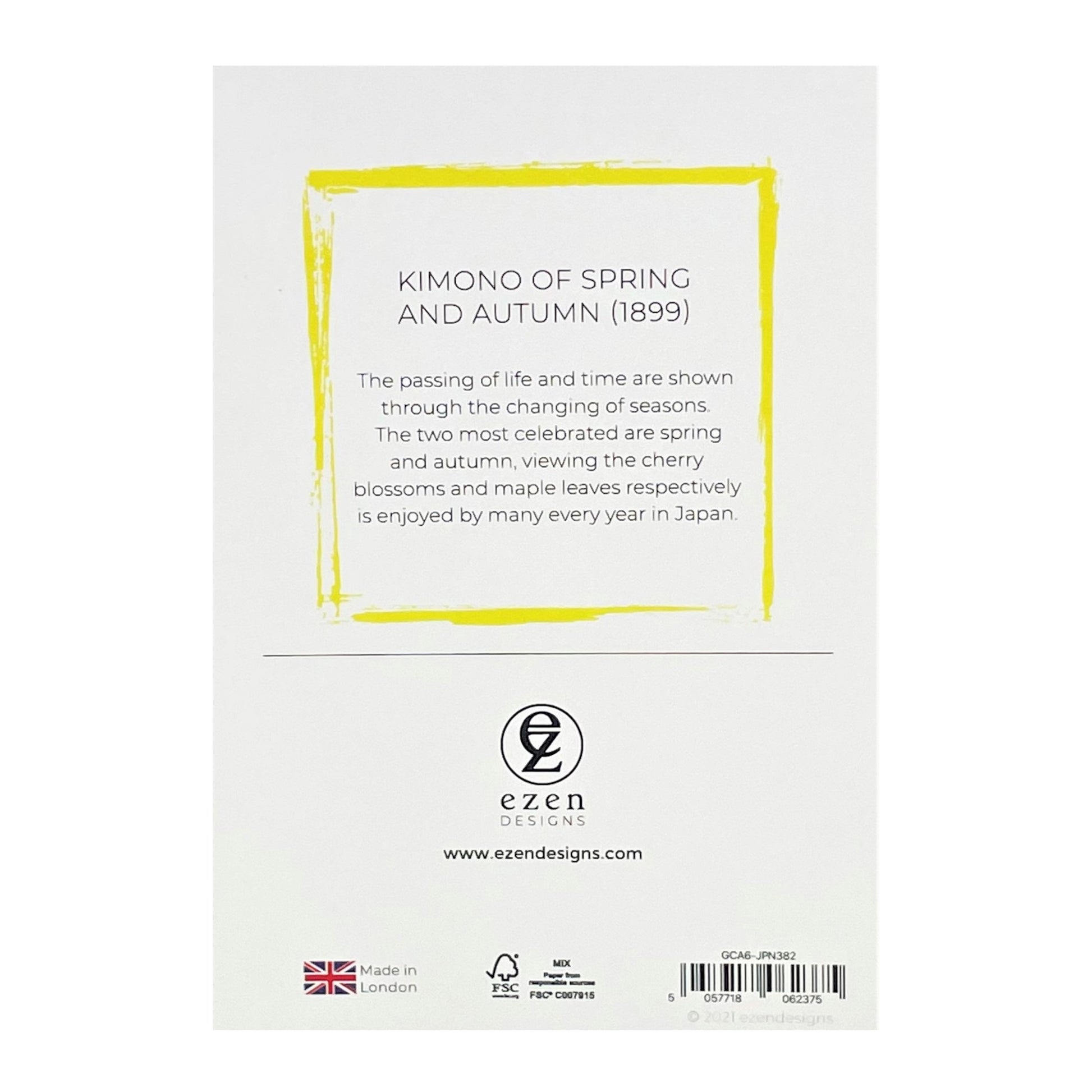 greetings card of a drawing of a floral folded kimono in red, yellow. blue and pink, reverse of card showing text