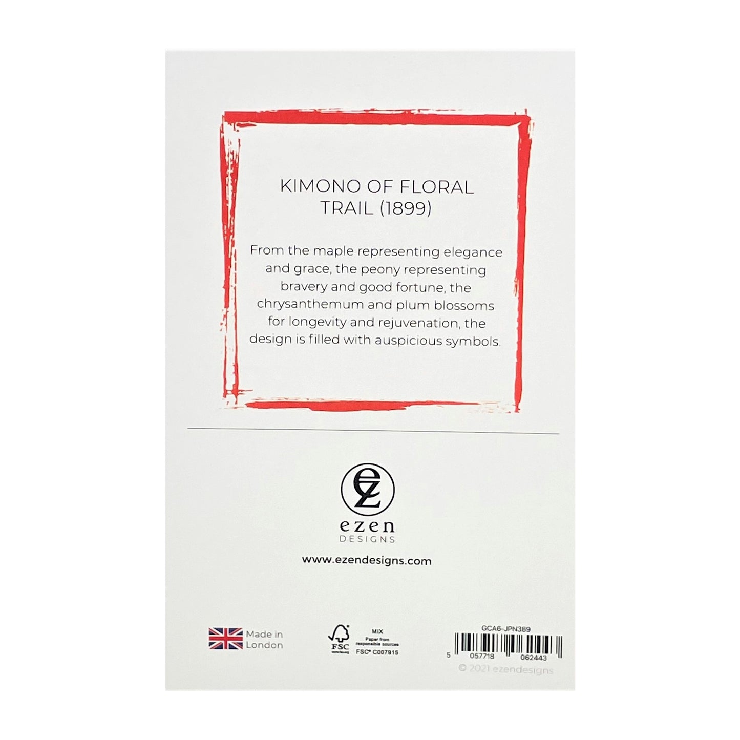 greetings card of a drawing of a bright floral kimono in red, yellow. green and lilac, reverse of the card showing text