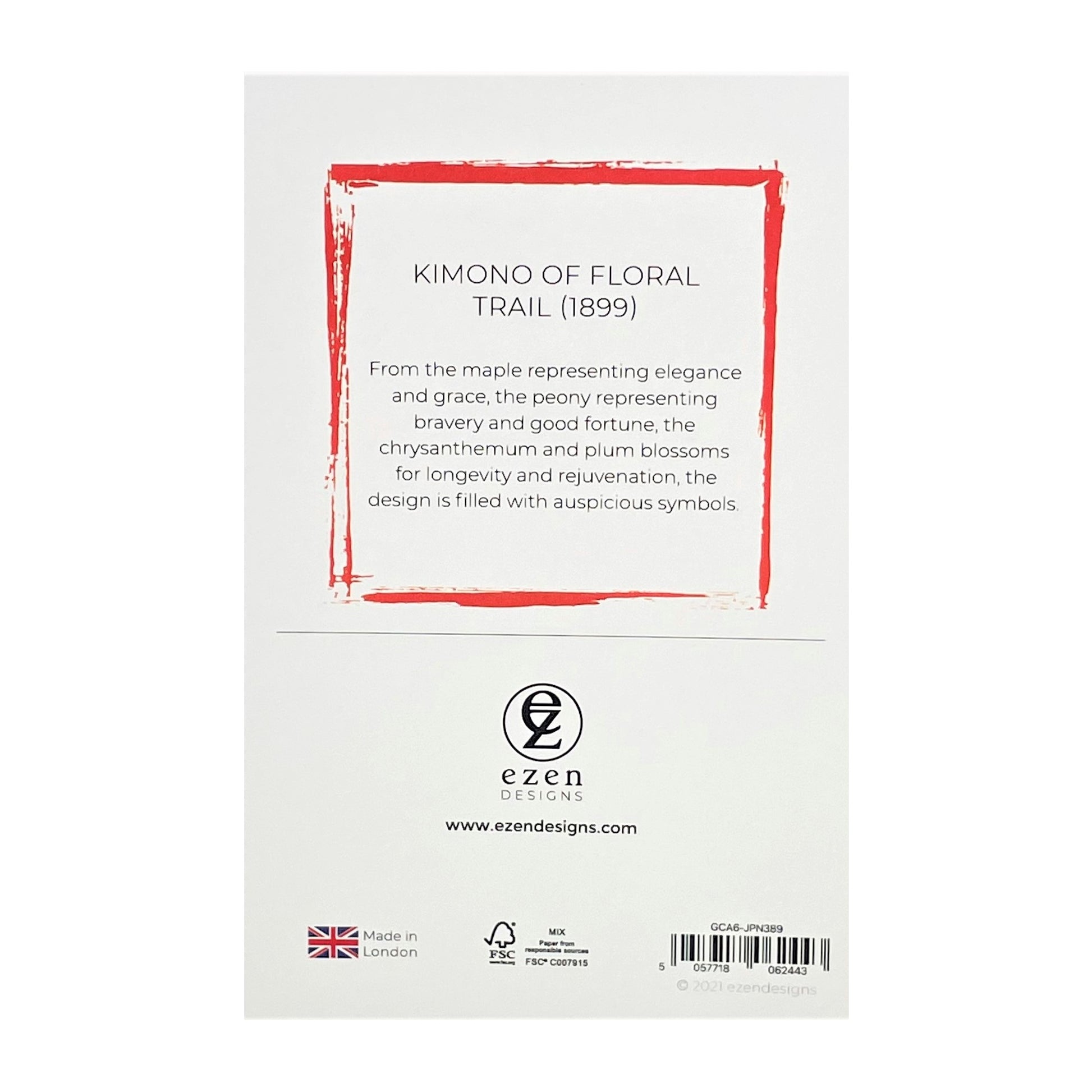 greetings card of a drawing of a bright floral kimono in red, yellow. green and lilac, reverse of the card showing text