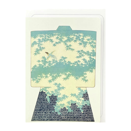 greetings card showing a drawing of a blue kimono with maple leaf design by Ezen Design