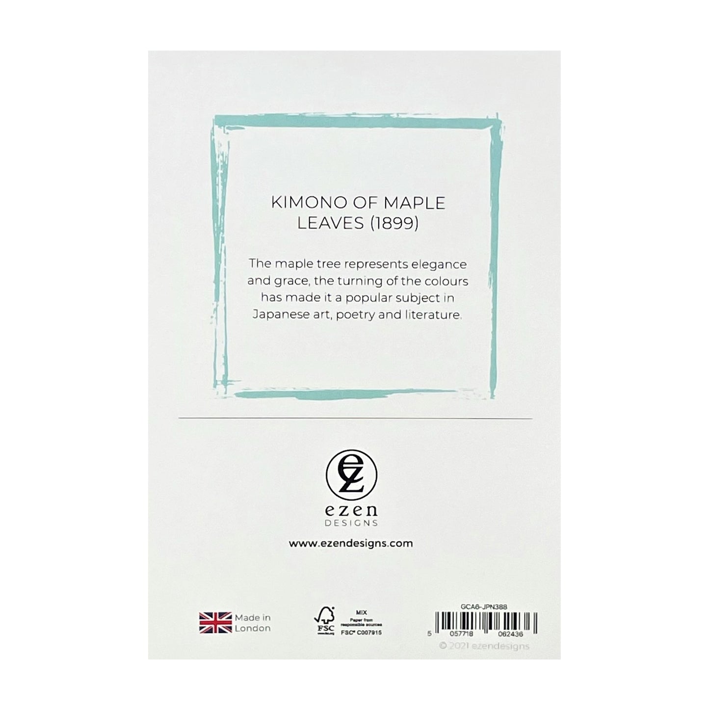 greetings card showing a drawing of a blue kimono with maple leaf design, reverse of the card showing text