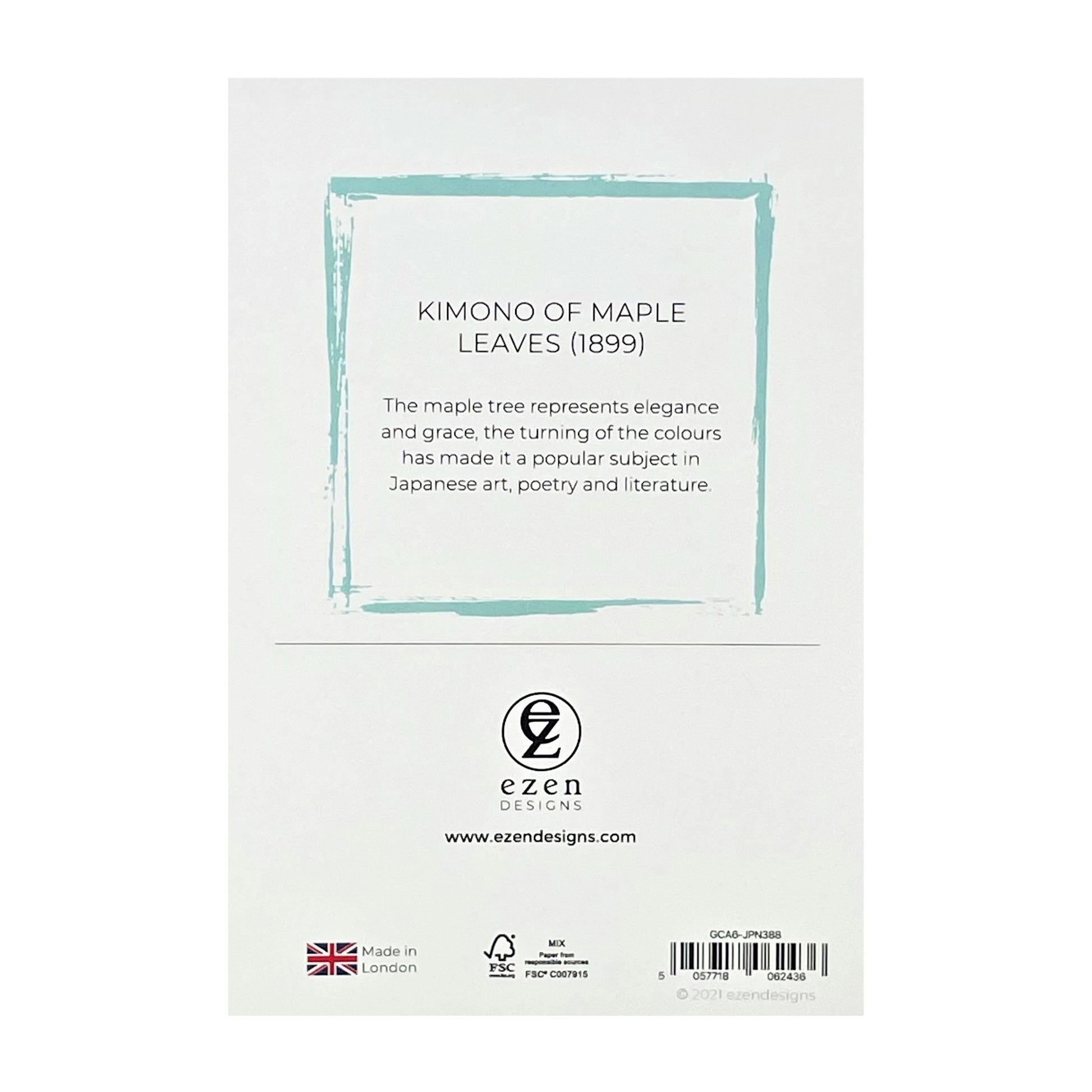 greetings card showing a drawing of a blue kimono with maple leaf design, reverse of the card showing text