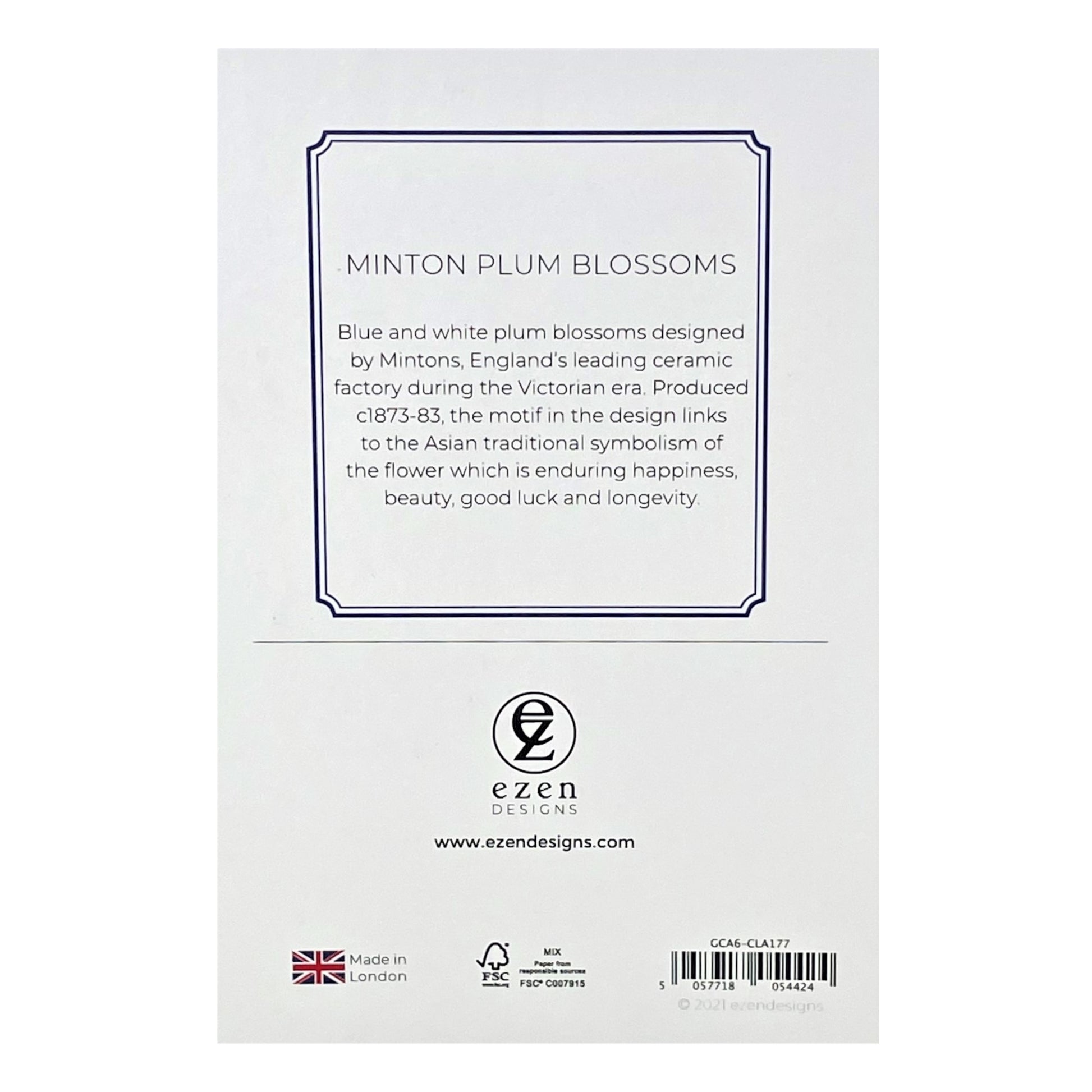 greetings card showing a small scale blue and white cherry blossom repeat pattern, reverse of card showing text