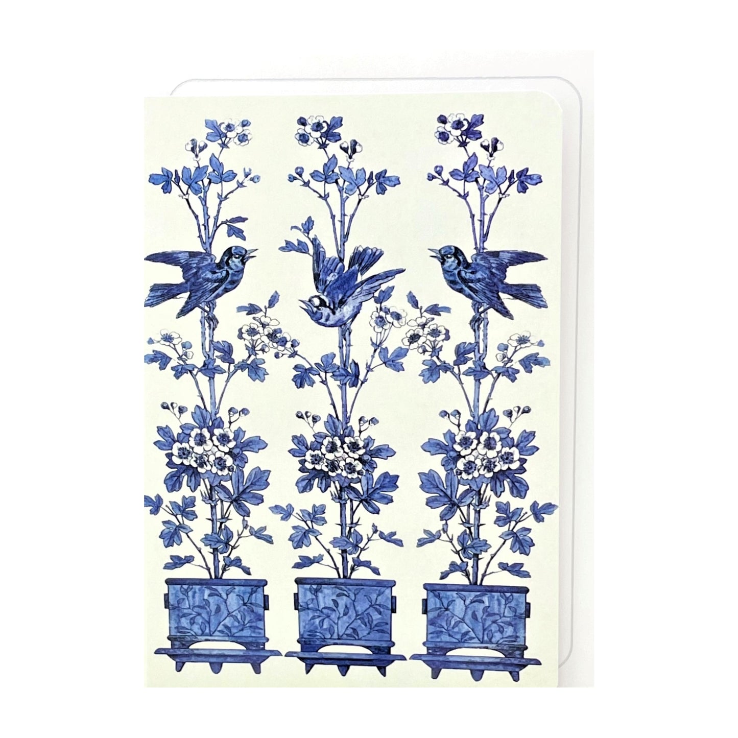 greetings card showing three blue flower pots with a bird in each by Ezen Design
