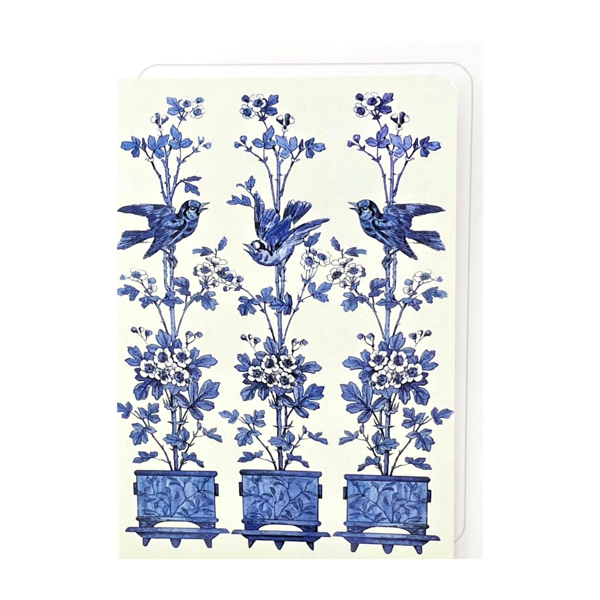 greetings card showing three blue flower pots with a bird in each by Ezen Design