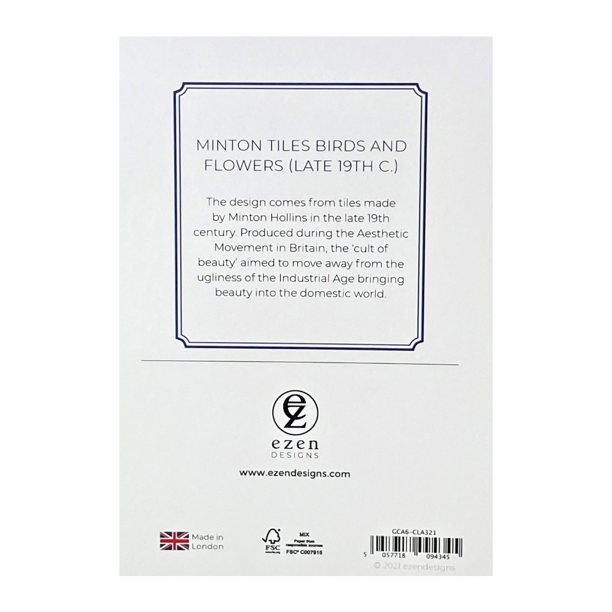 greetings card showing three blue flower pots with a bird in each., reverse of card showing text