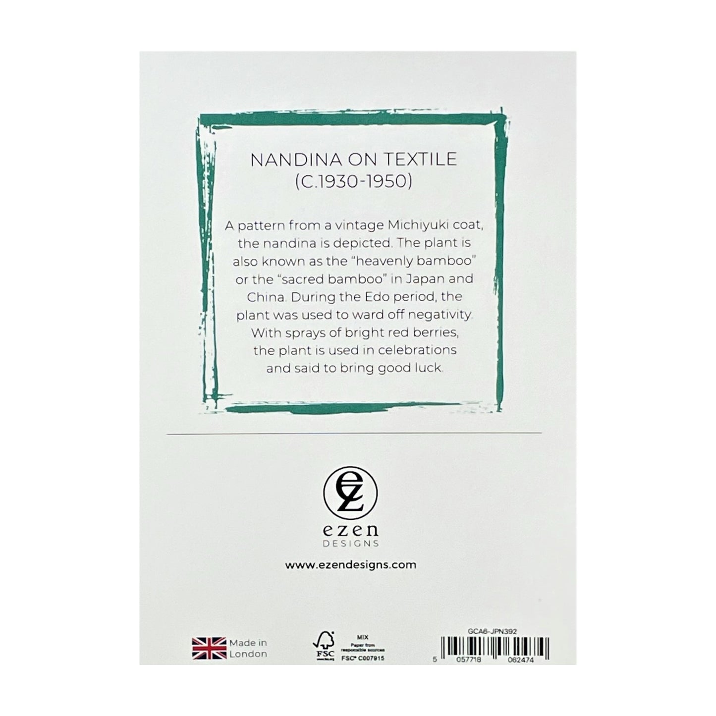 greetings card with a teal backdrop and repeat bamboo pattern, reverse of card showing text