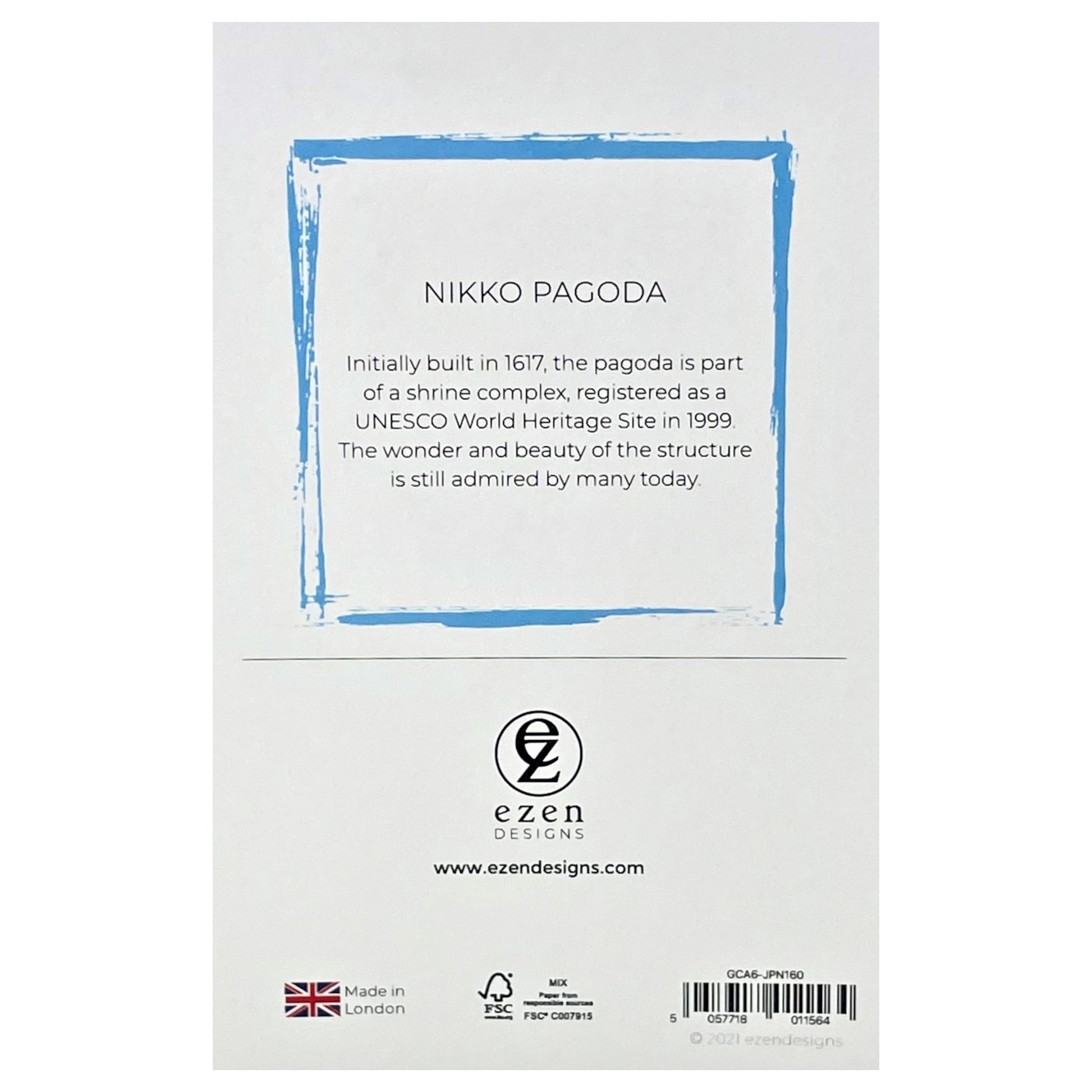 greetings card of nikko pagoda in the snow, reverse of the card showing text