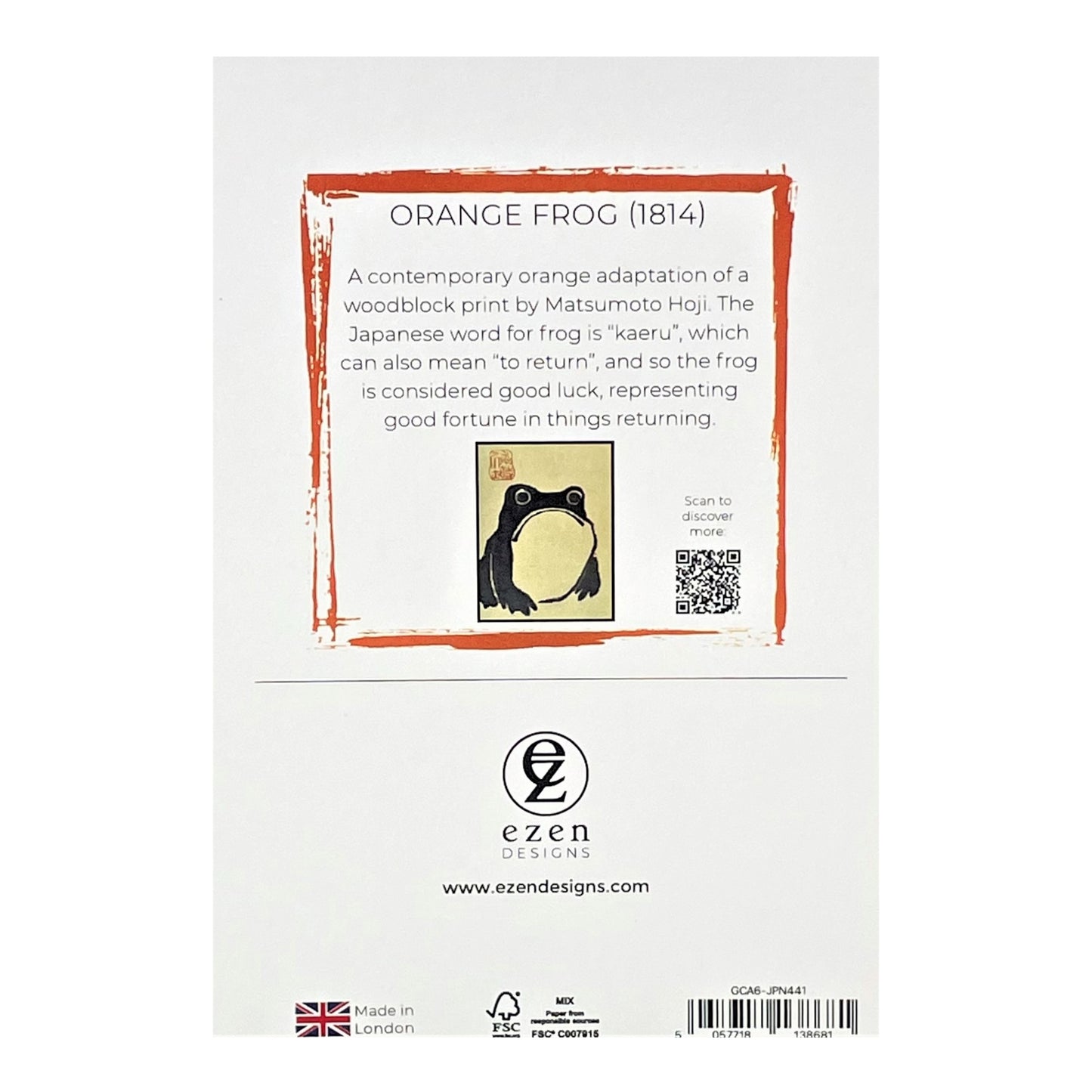 greetings card of a japanese frog coloured orange, reverse of card showing text