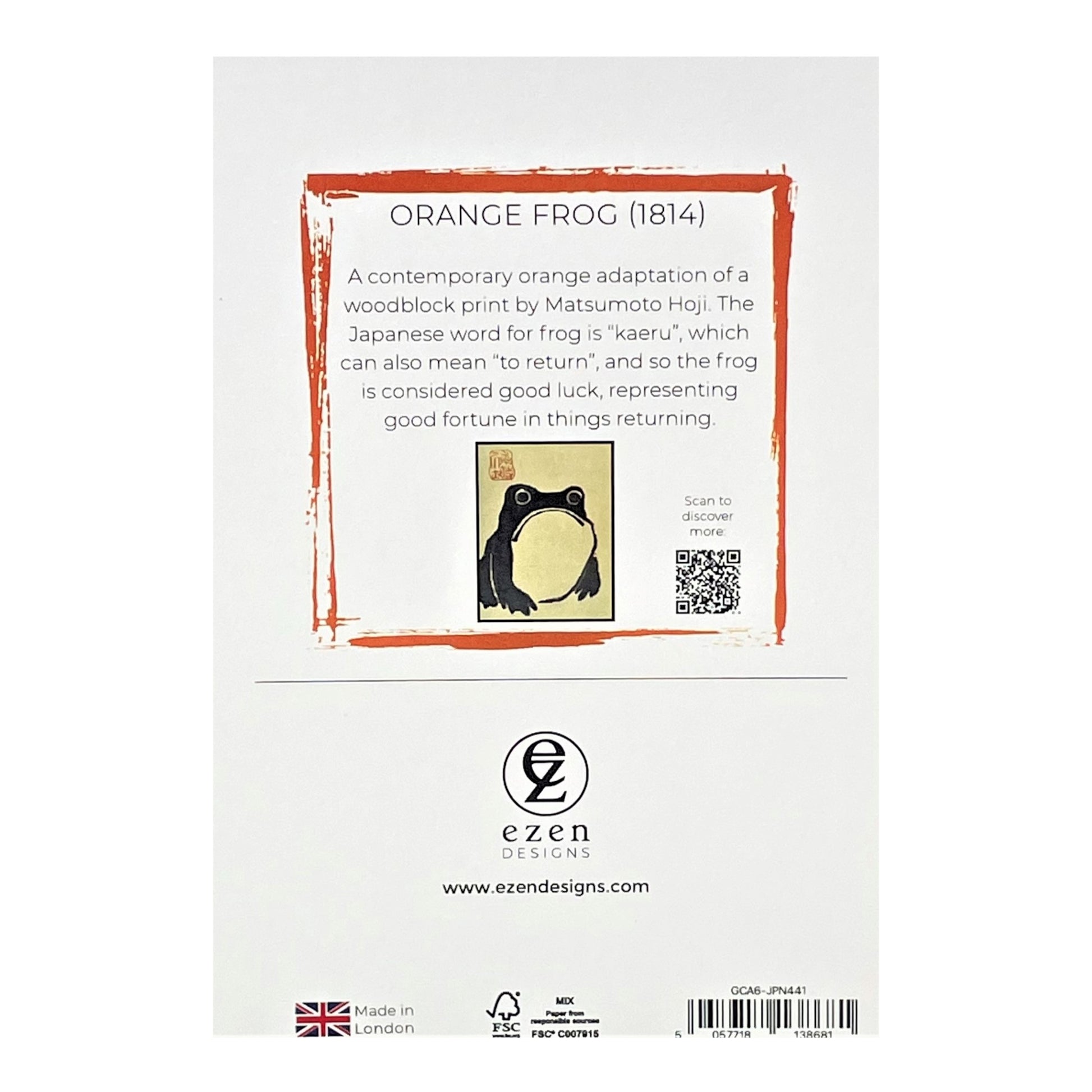 greetings card of a japanese frog coloured orange, reverse of card showing text