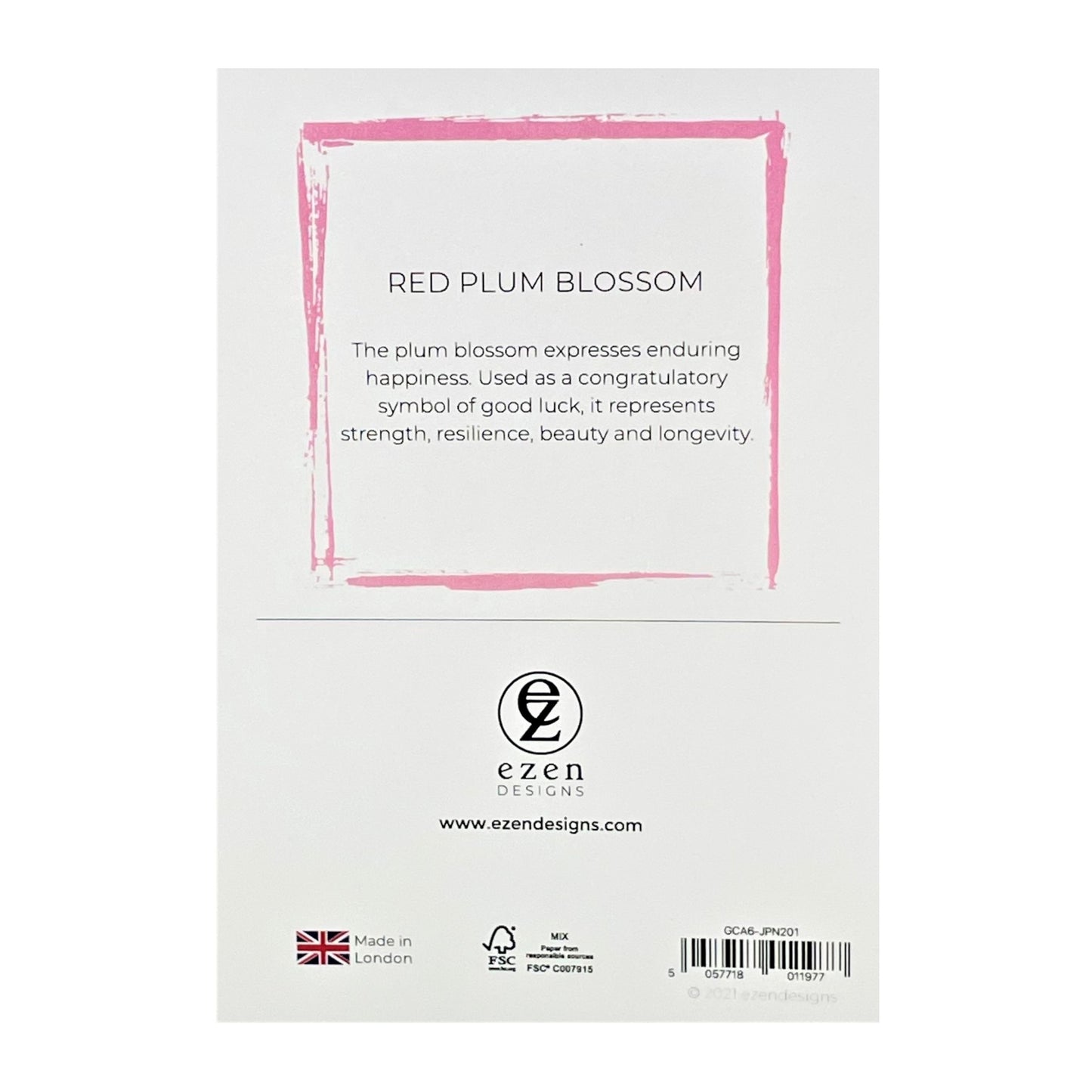 greetings card with a branch of deep pink plum blossom, reverse of the card showing text