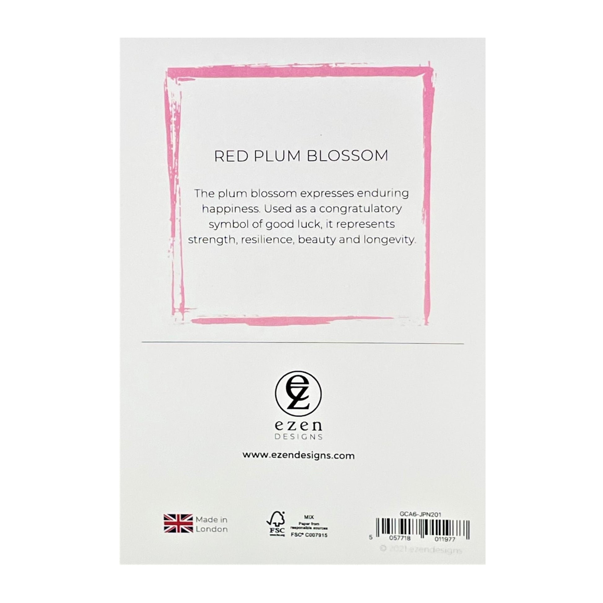 greetings card with a branch of deep pink plum blossom, reverse of the card showing text