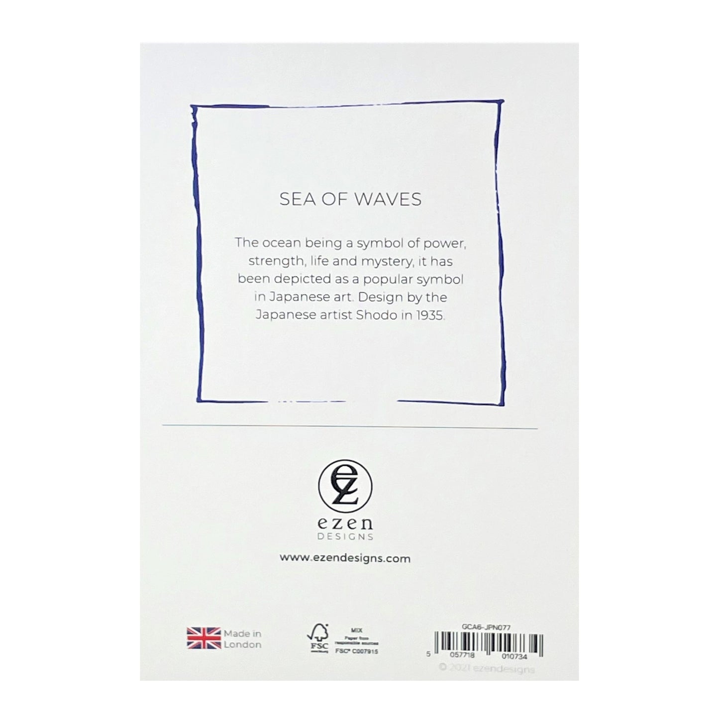 greetings card of a japanese wave pattern in pale and dark blue, reverse of the card showing text