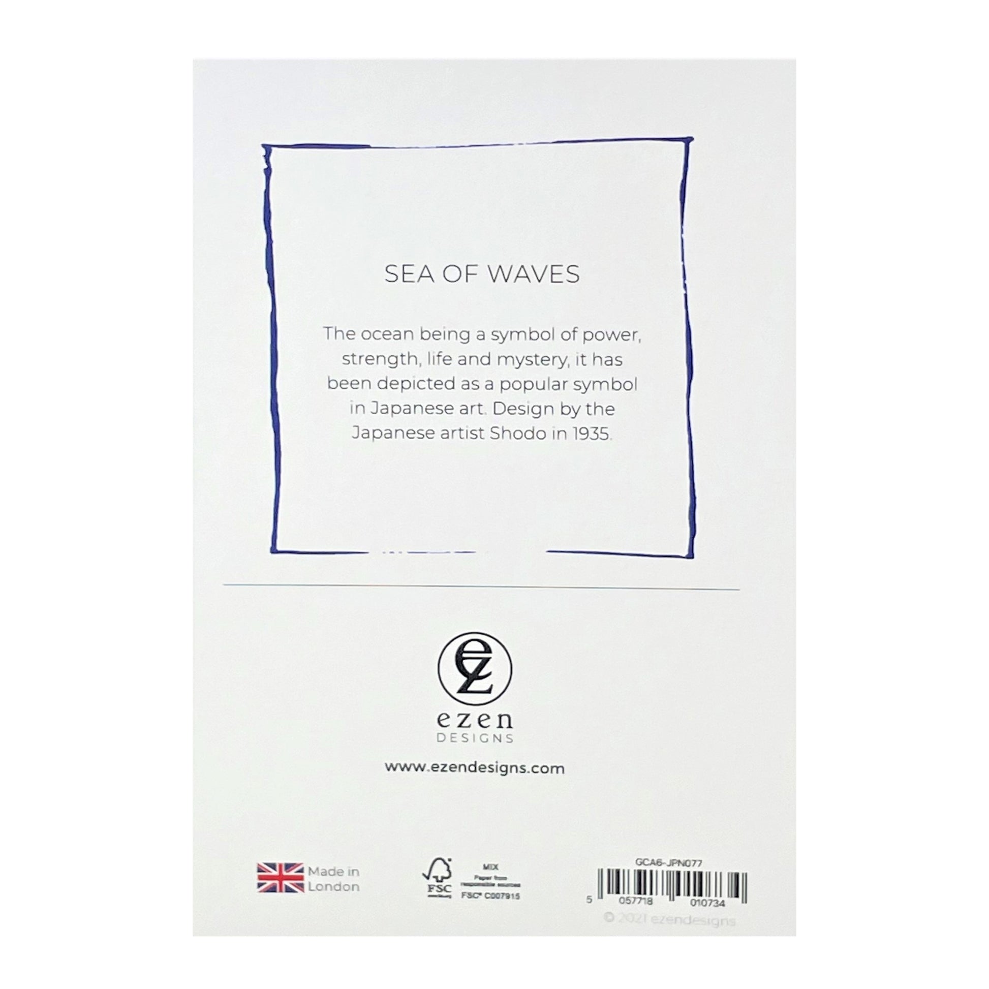 greetings card of a japanese wave pattern in pale and dark blue, reverse of the card showing text