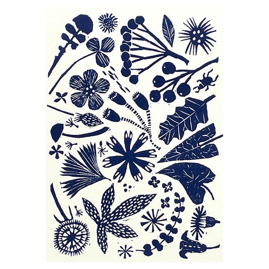 greetings card with image of cut-out dark blue flowers and seed heads by Hadley Paper goods