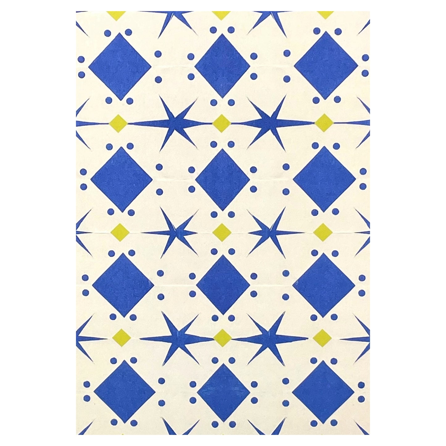 greetings card with cream background and blue and yellow papercut repeat pattern by Hadley Paper Goods