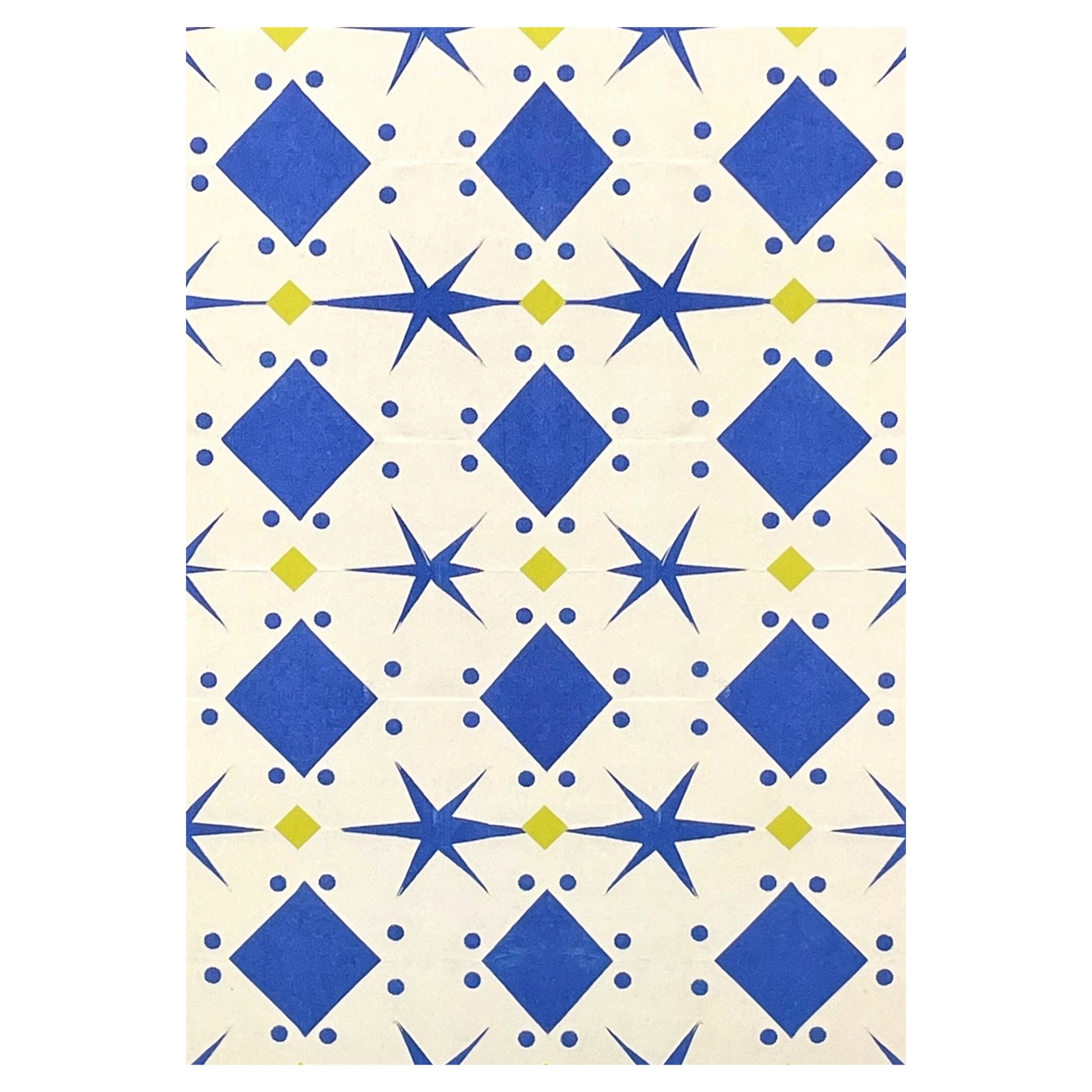 greetings card with cream background and blue and yellow papercut repeat pattern by Hadley Paper Goods