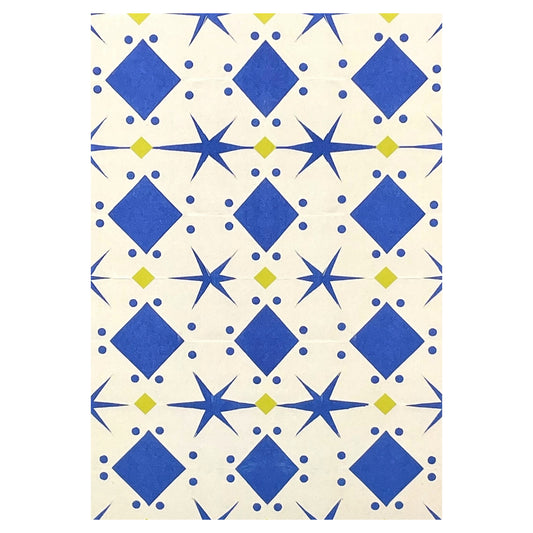 greetings card with cream background and blue and yellow papercut repeat pattern by Hadley Paper Goods