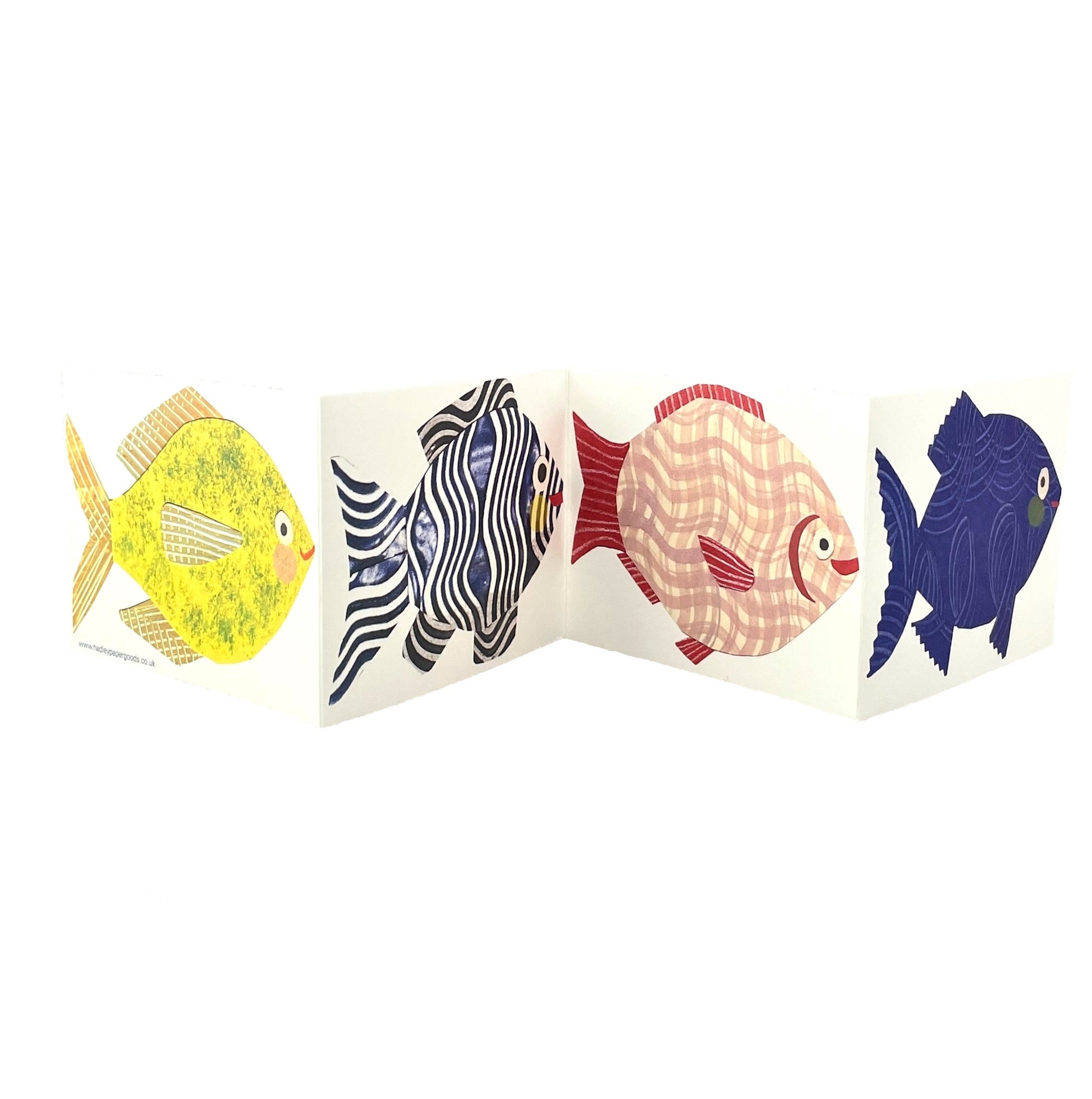 concertina greetings card of four colourful fish on four folds, by Hadley Paper Goods