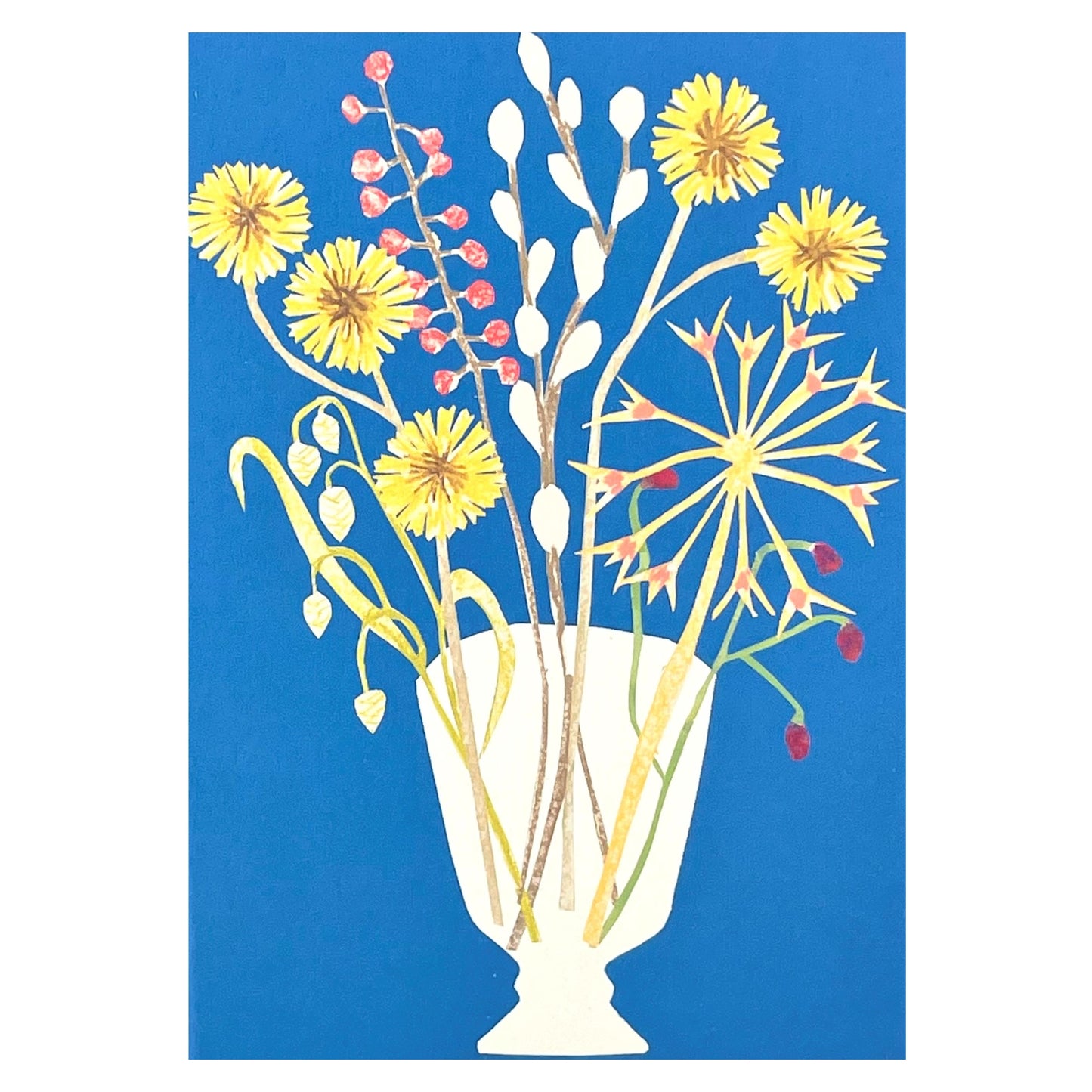 greetings card of a glass vase with flowers and blue backdrop by Hadley Paper Goods