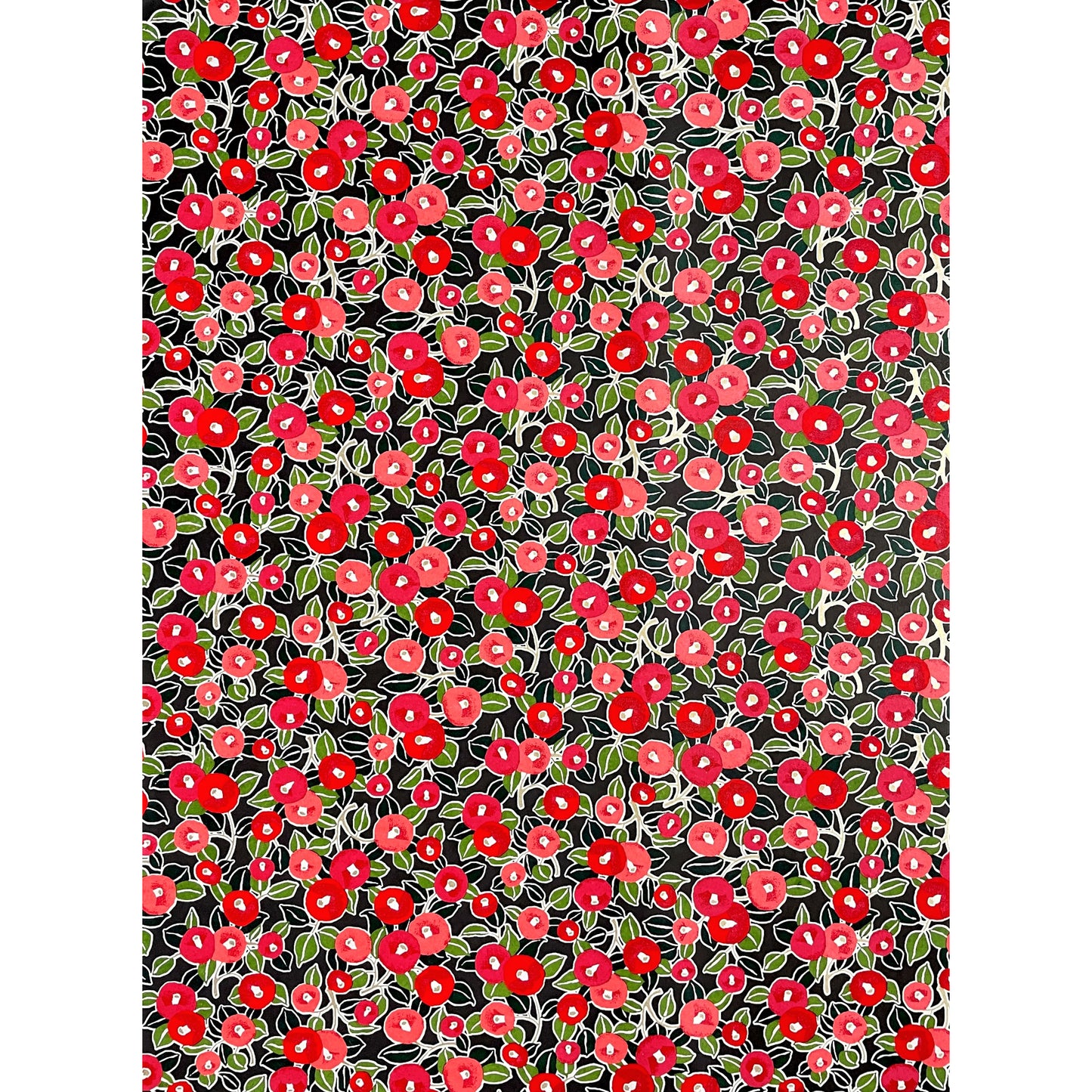 japanese silk-screen handmade paper with a design showing red and pink morning glory flowers and green leaves on black background, full sheet view