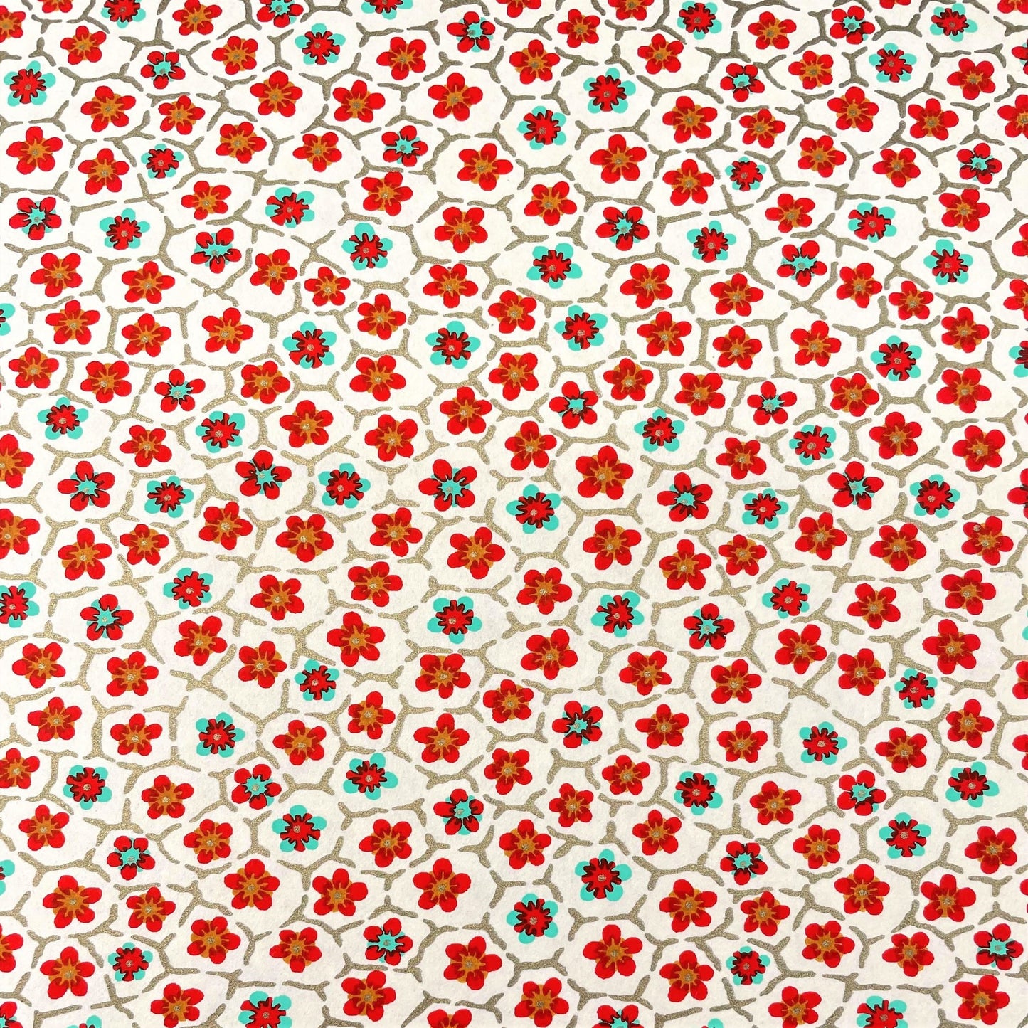 japanese silk-screen handmade paper, chiyogami, with red and aqua plum flowers repeat pattern