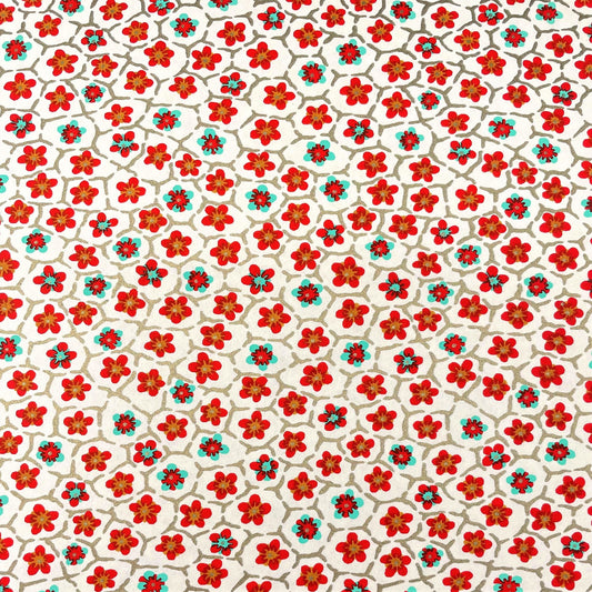 japanese silk-screen handmade paper, chiyogami, with red and aqua plum flowers repeat pattern