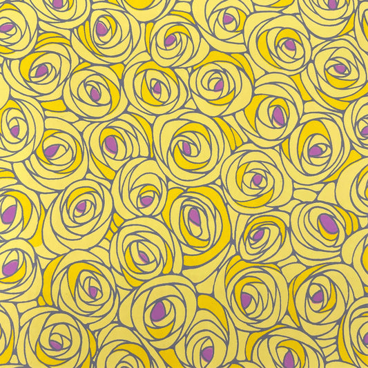 japanese silk-screen handmade paper, chiyogami, showing yellow and lilac abstract floral pattern